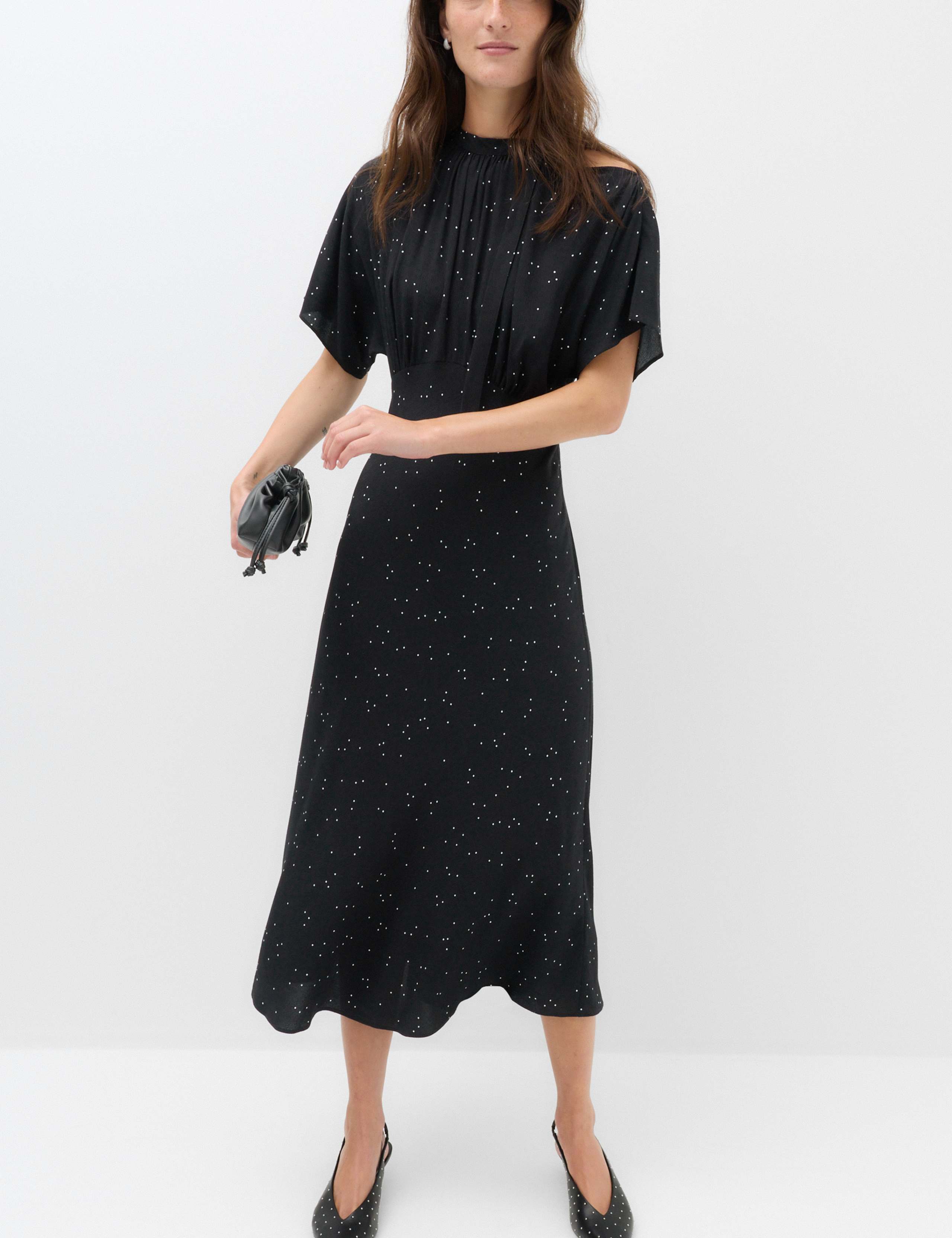 Polka Dot Tie Neck Midi Tea Dress