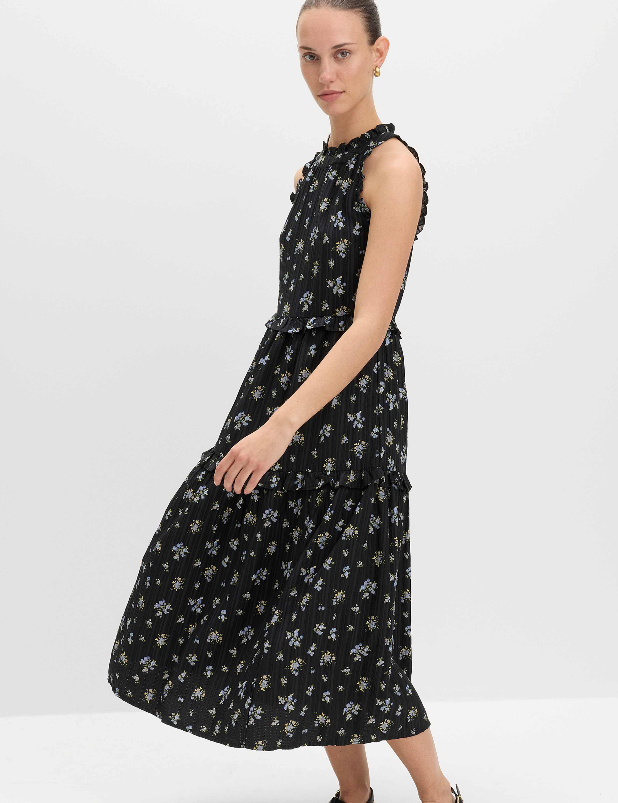 Floral Halter Neck Midi Tiered Dress