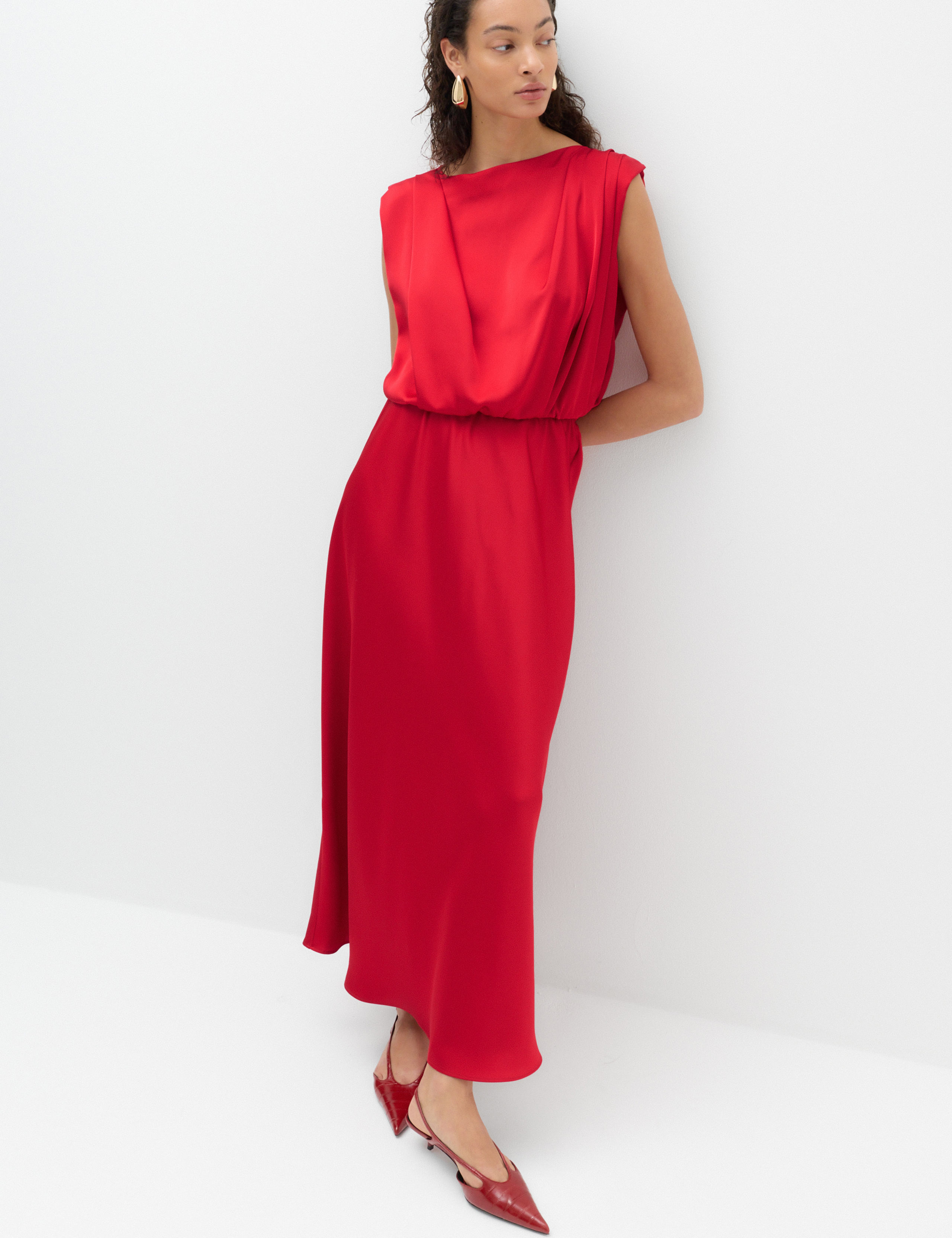Satin Pleat Detail Midaxi Waisted Dress