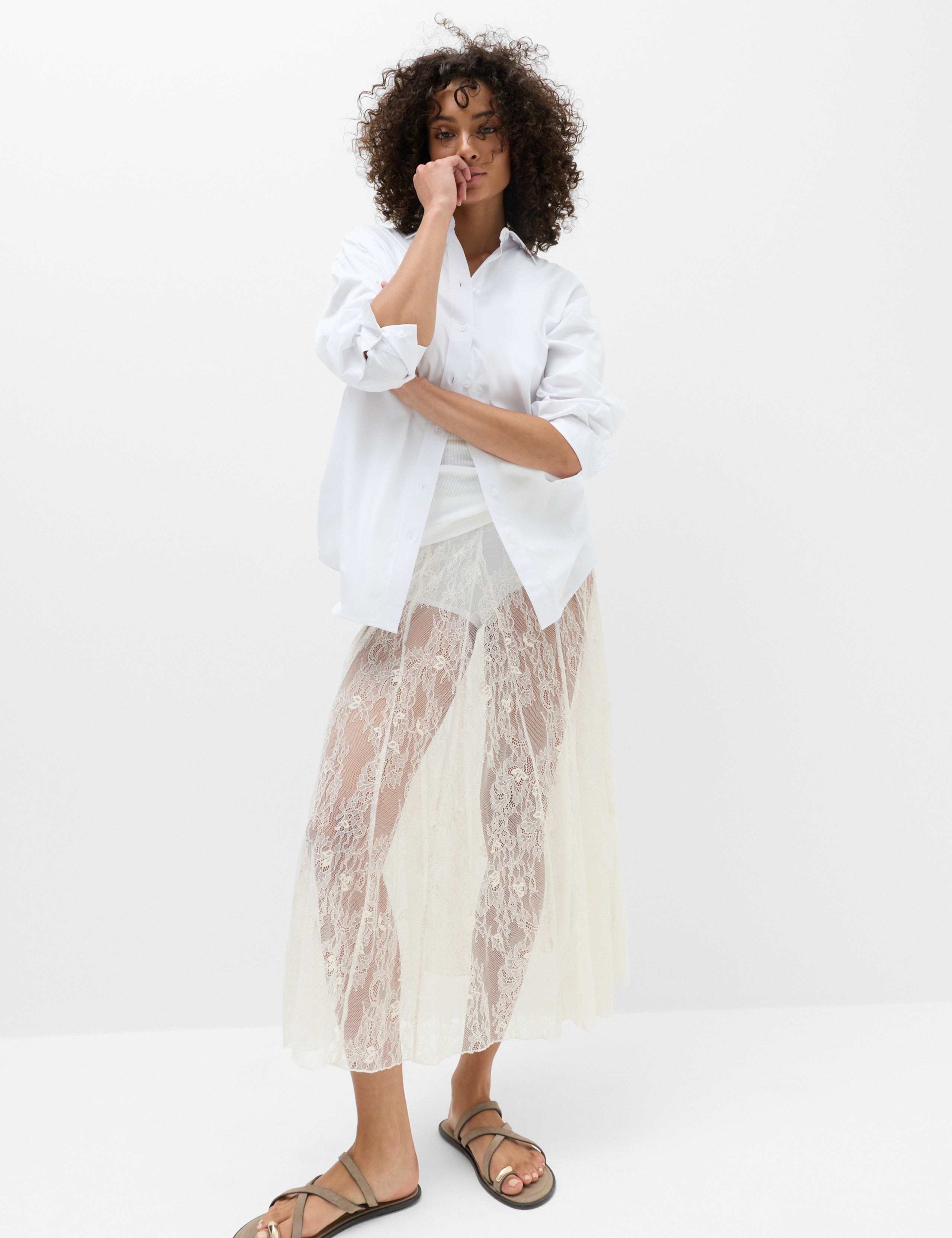 Cotton Blend Lace Midi Circle Skirt