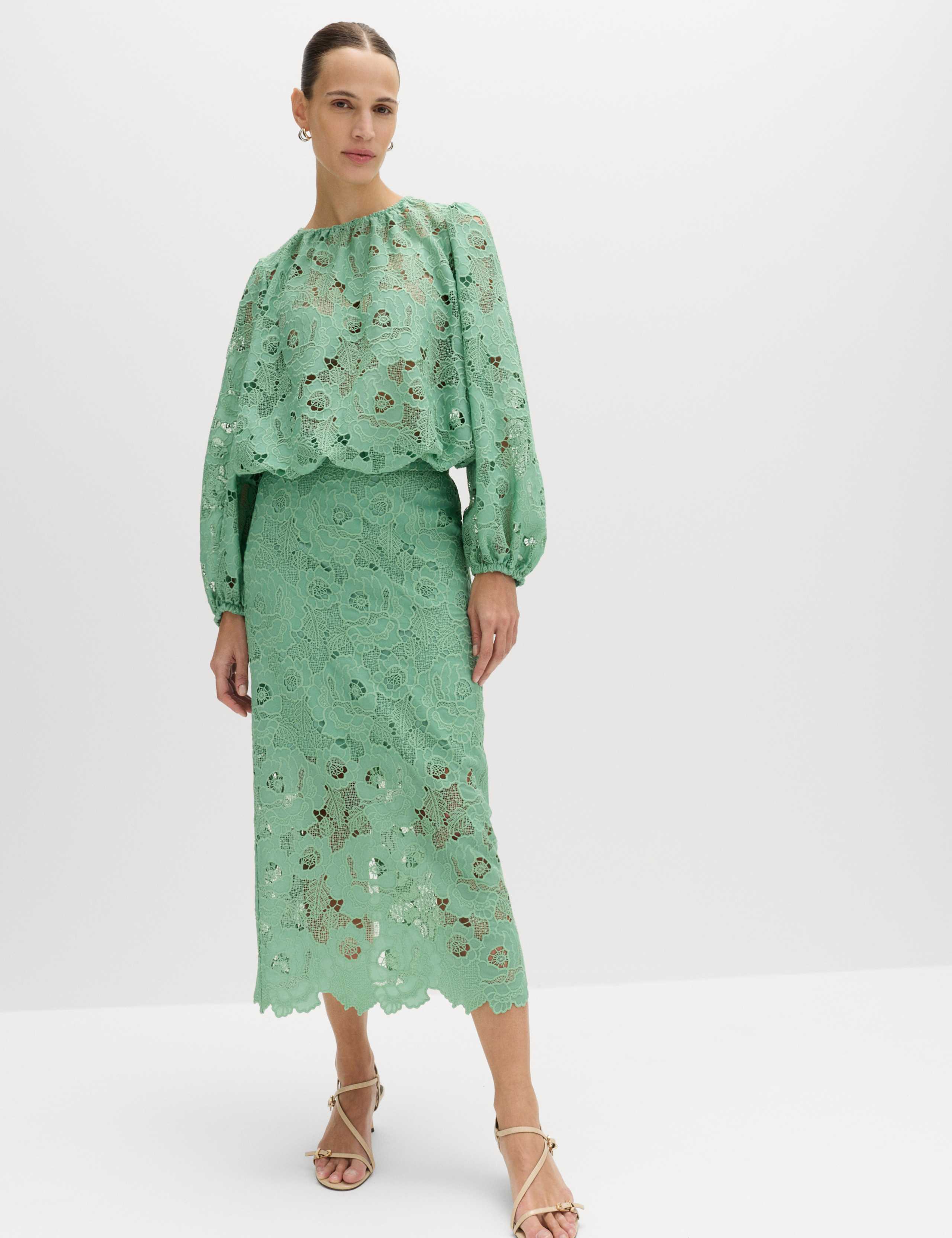 Lace Cutwork Detail Midi Pencil Skirt