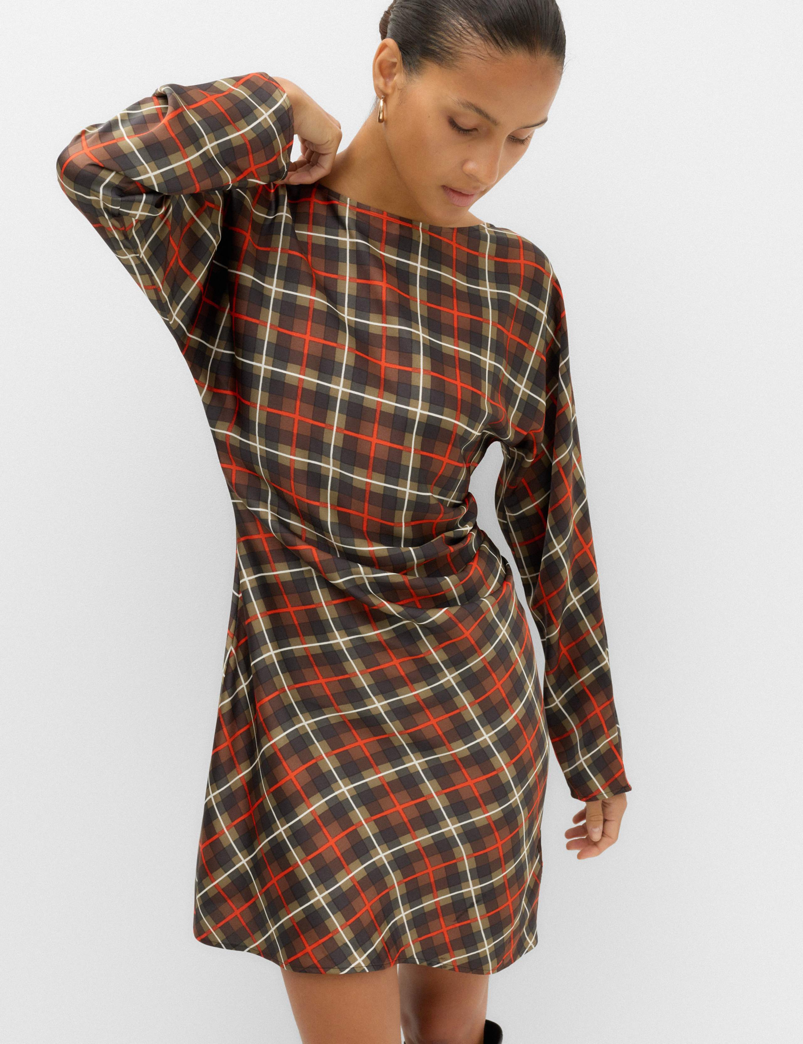 Checked Ruched Long Sleeve Mini Waisted Dress