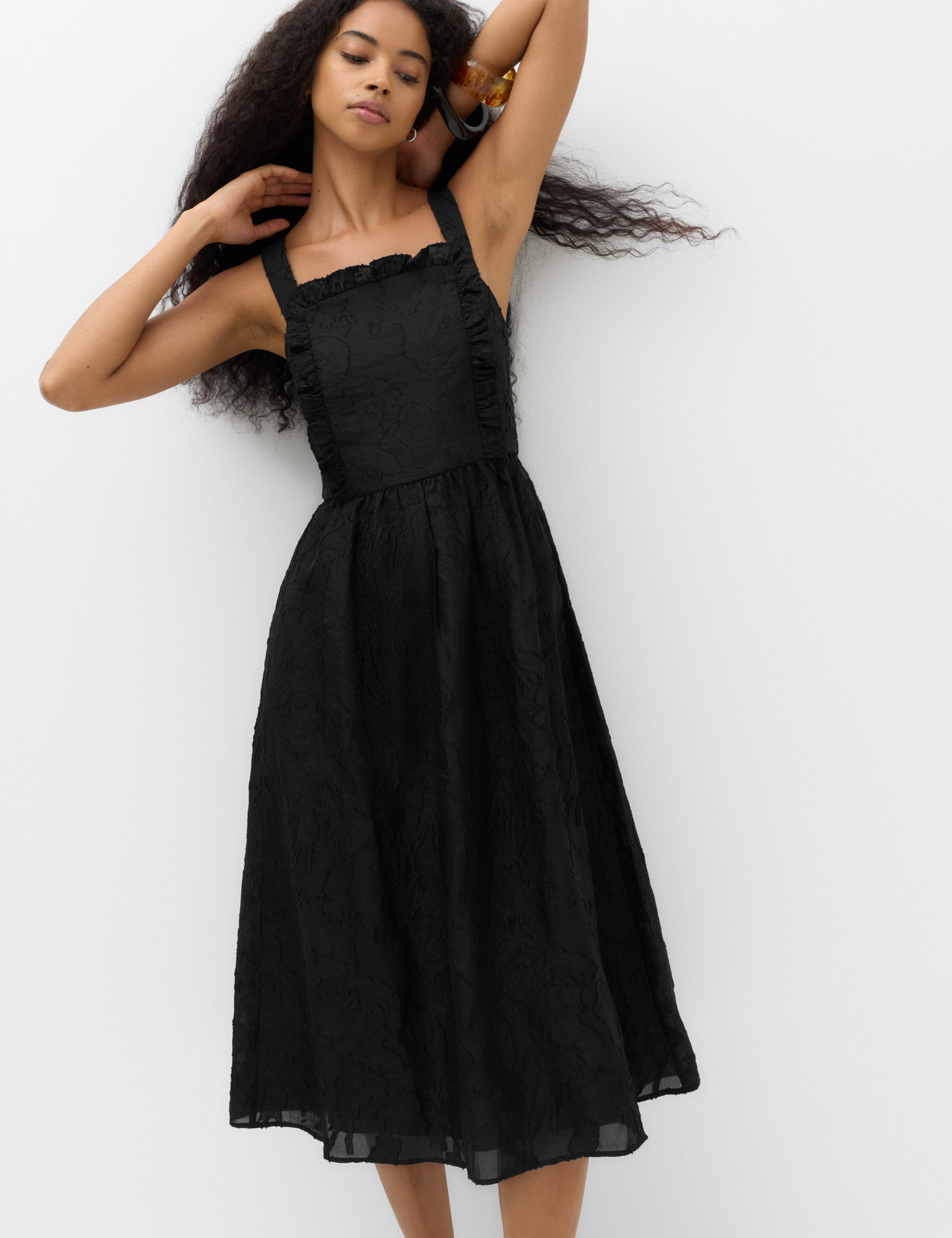 Jacquard Ruffle Square Neck Midi Waisted Dress