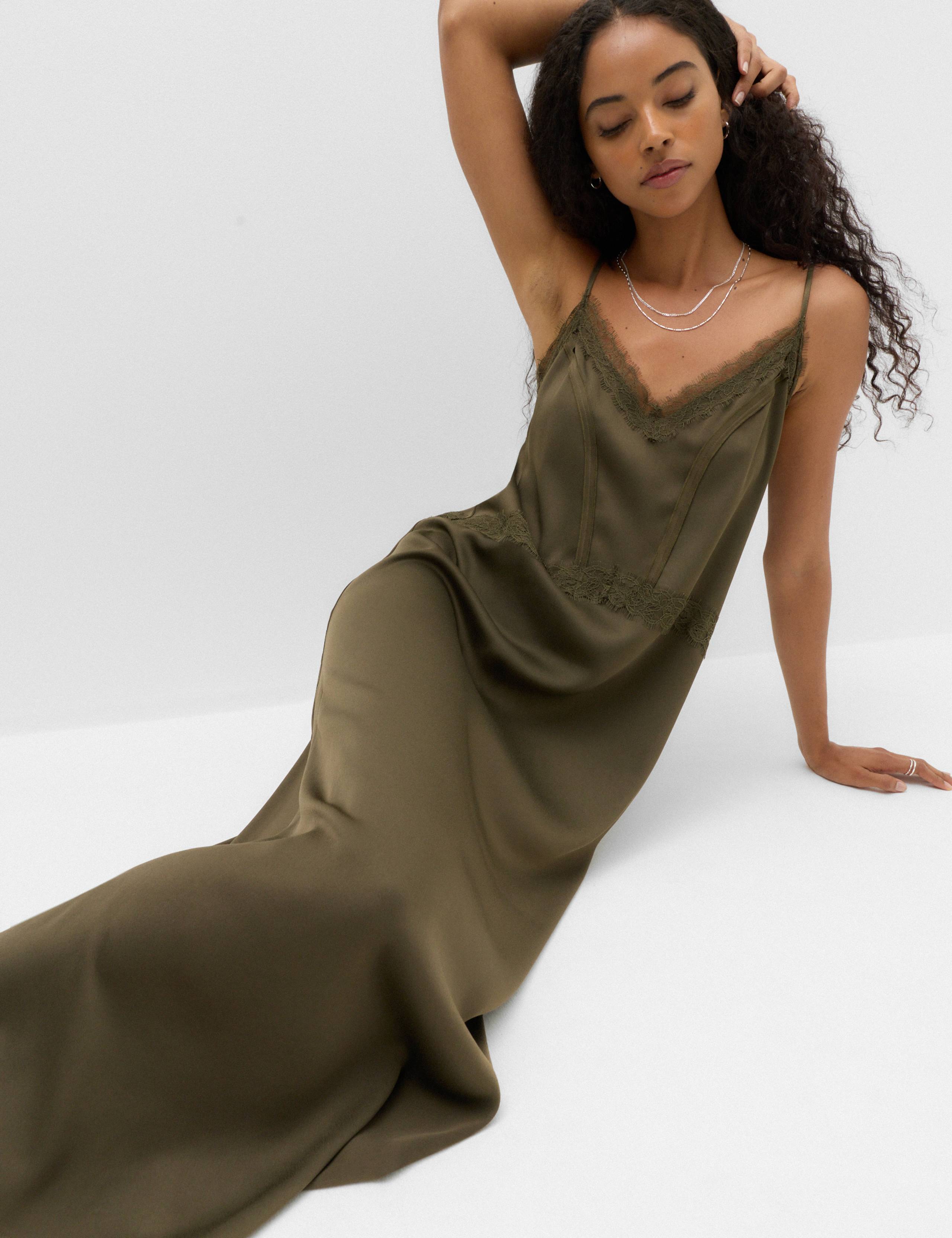 Satin Lace Insert V-Neck Midaxi Slip Dress