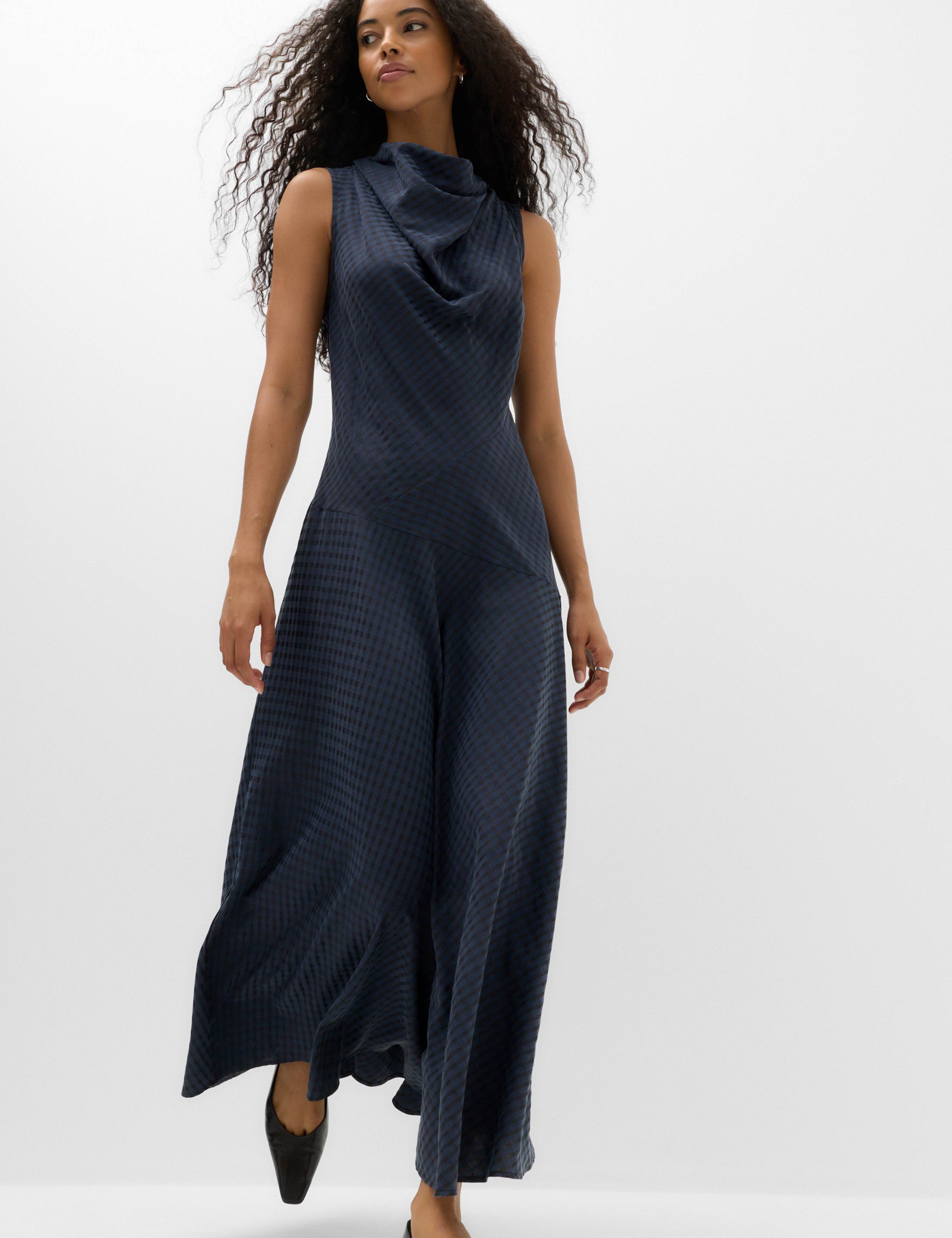 Lyocell Rich Checked Cowl Neck Midi Skater Dress
