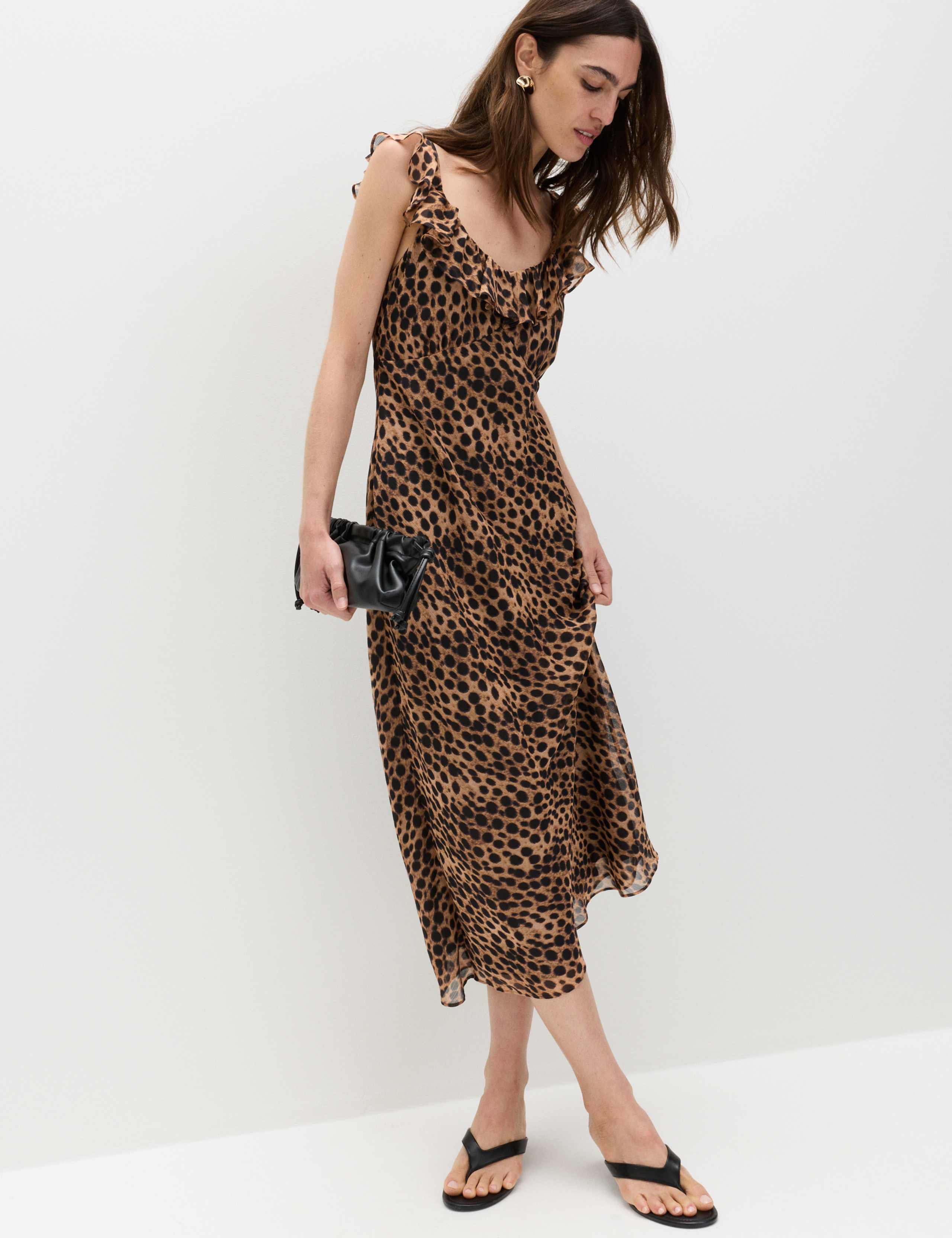 Animal Print Ruffle Detail Midaxi Column Dress