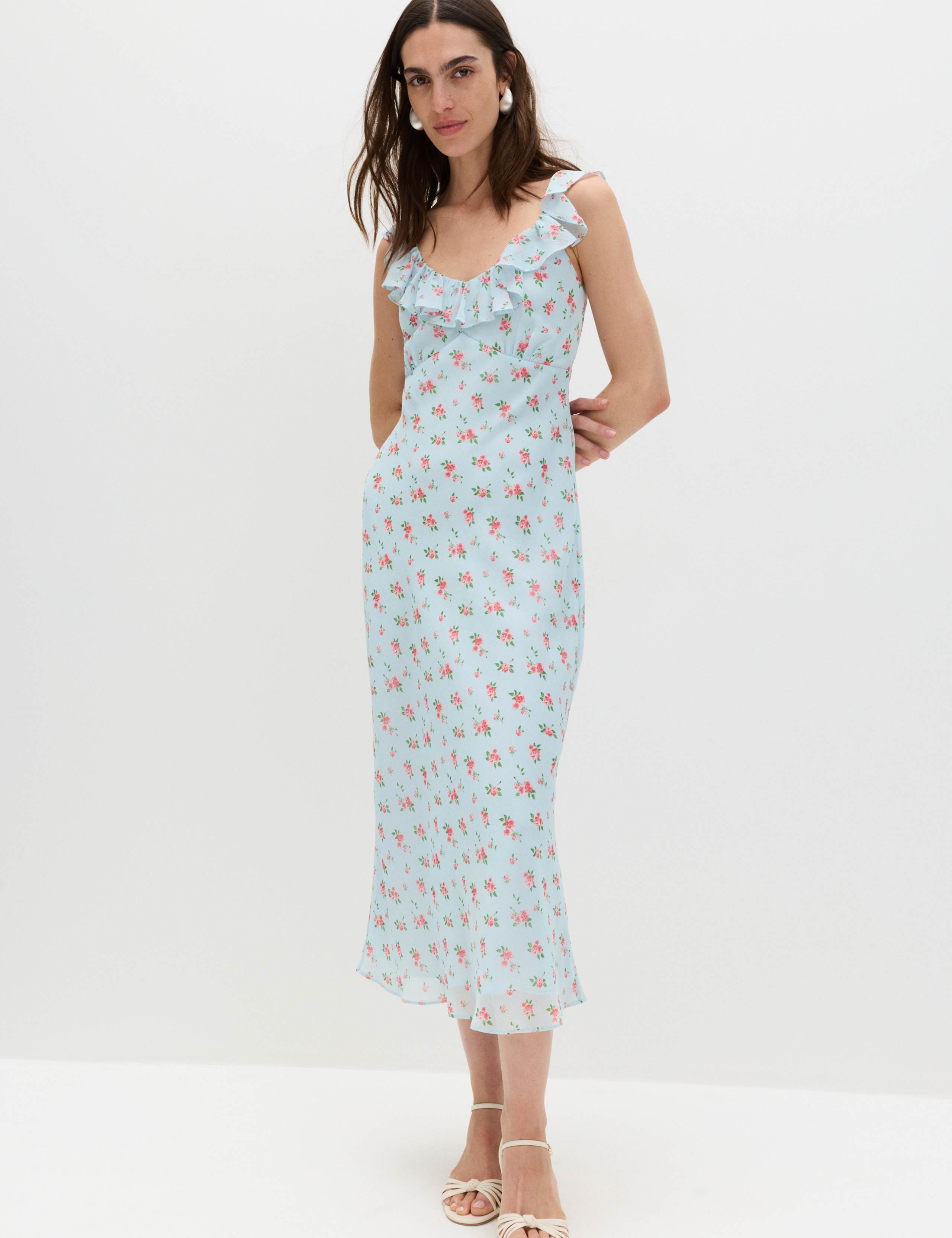 Floral Ruffle Detail Midi Column Dress