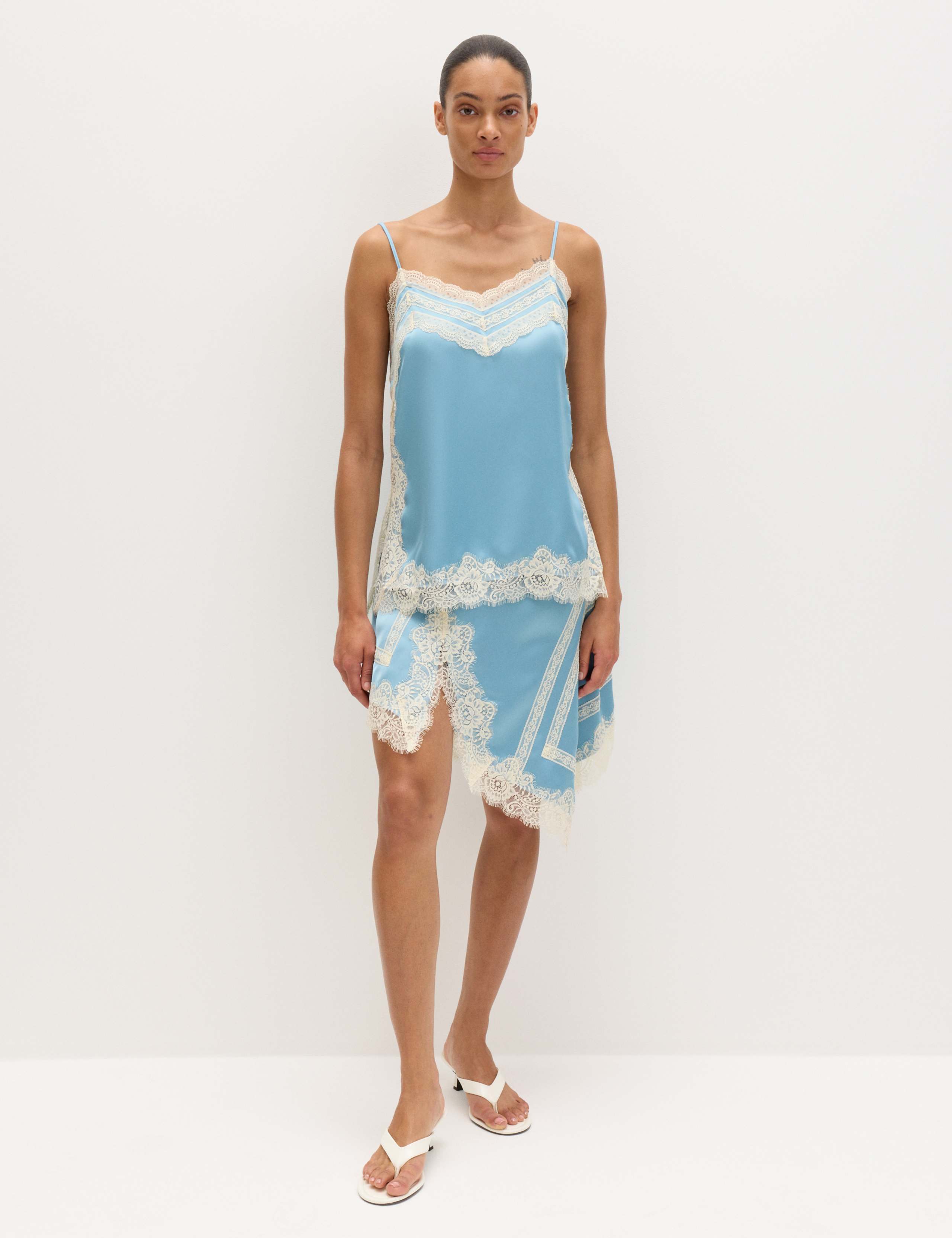 Satin Lace Asymmetric Mini Slip Skirt