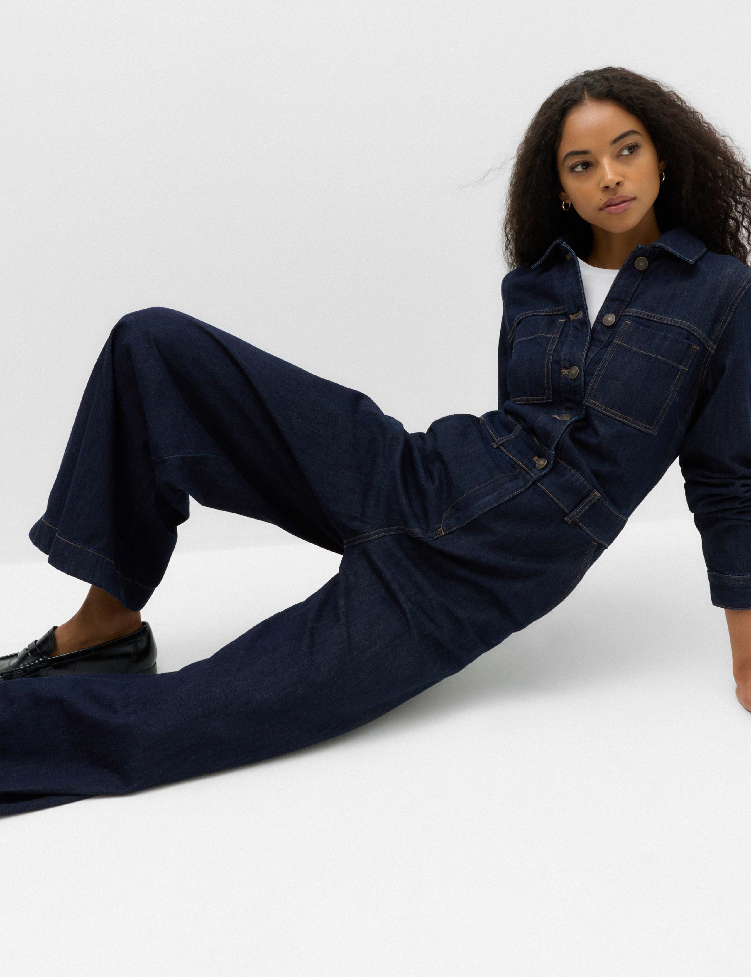 Denim Long Sleeve Wide Leg Jumpsuit