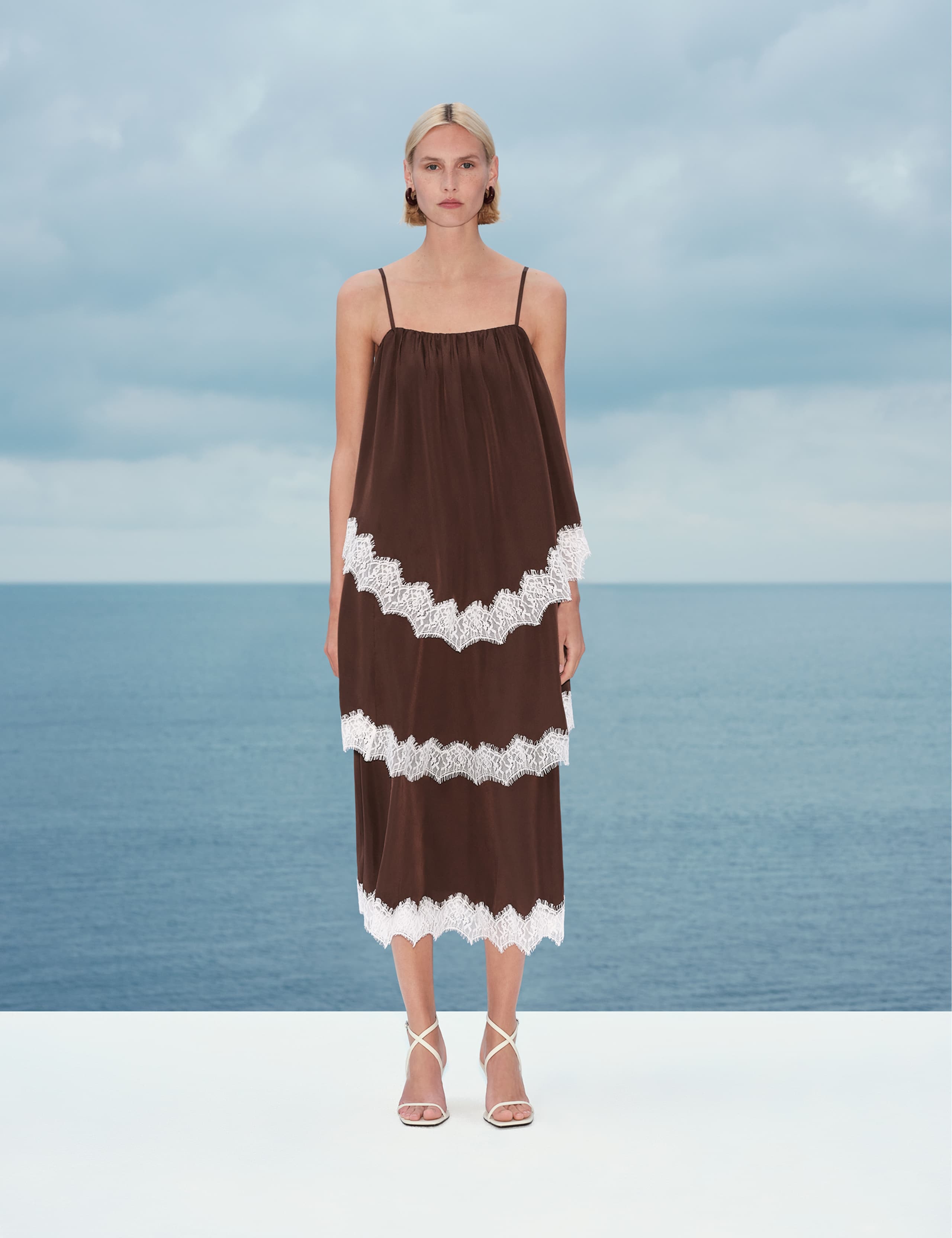 Lace Trim Strappy Midi Tiered Dress