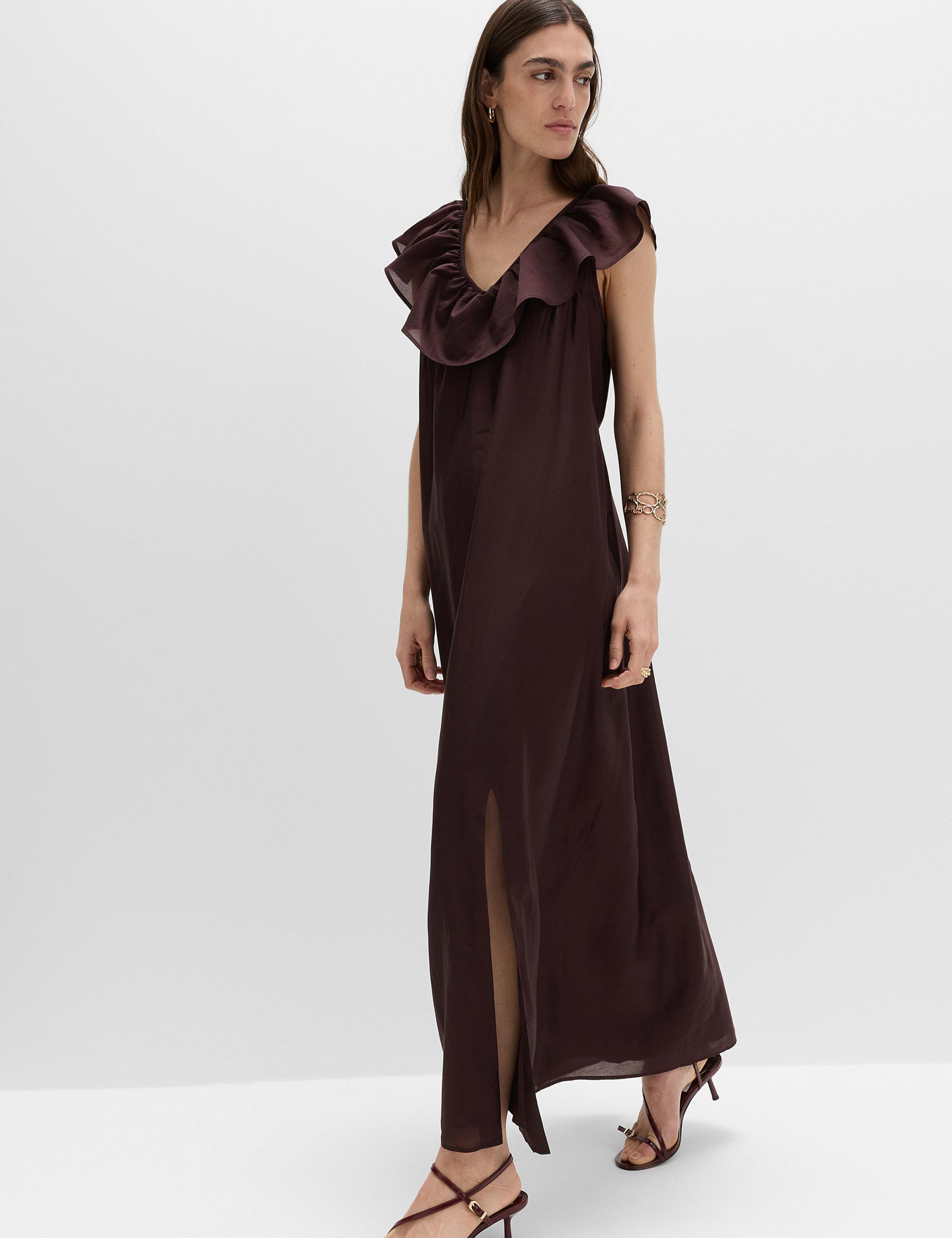 Lyocell Rich Frill V-Neck Midaxi Relaxed Dress