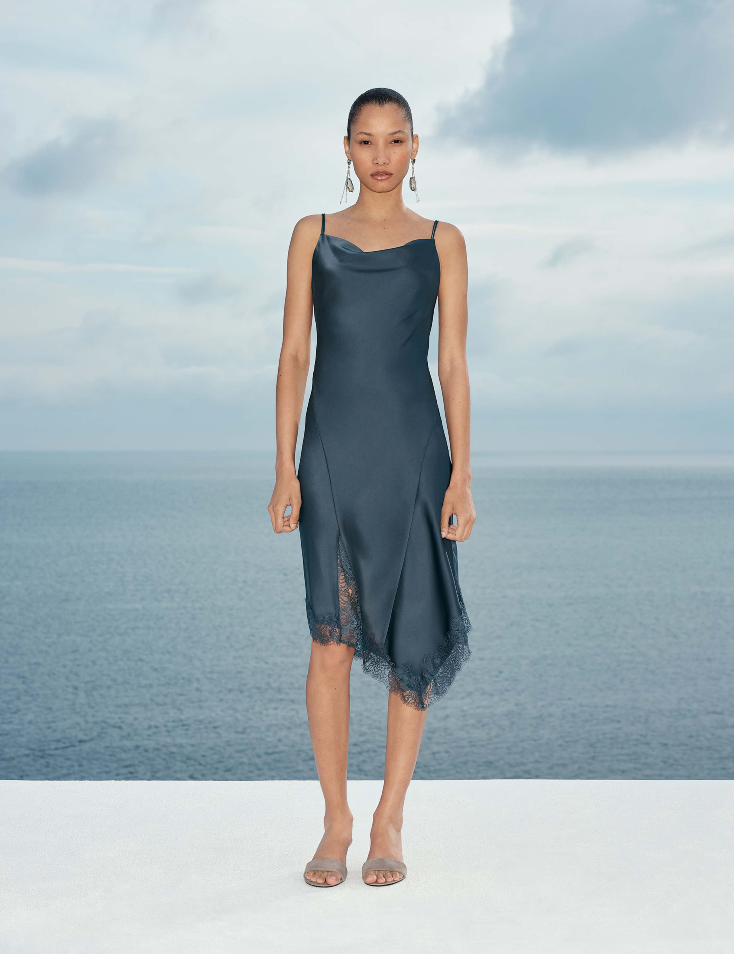Satin Cowl Neck Lace Trim Midi Slip Dress