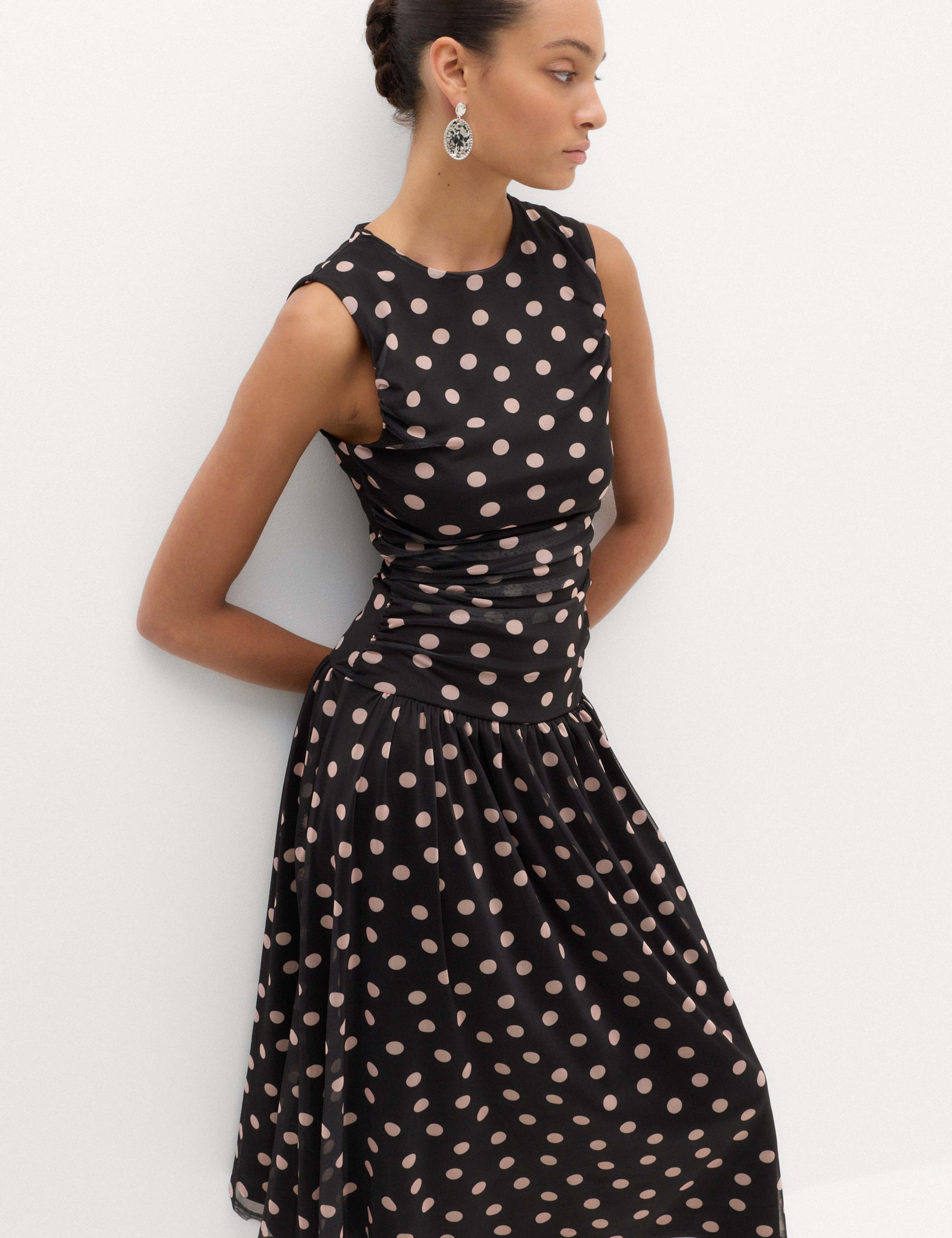 Mesh Polka Dot Midi Dropped Waist Dress
