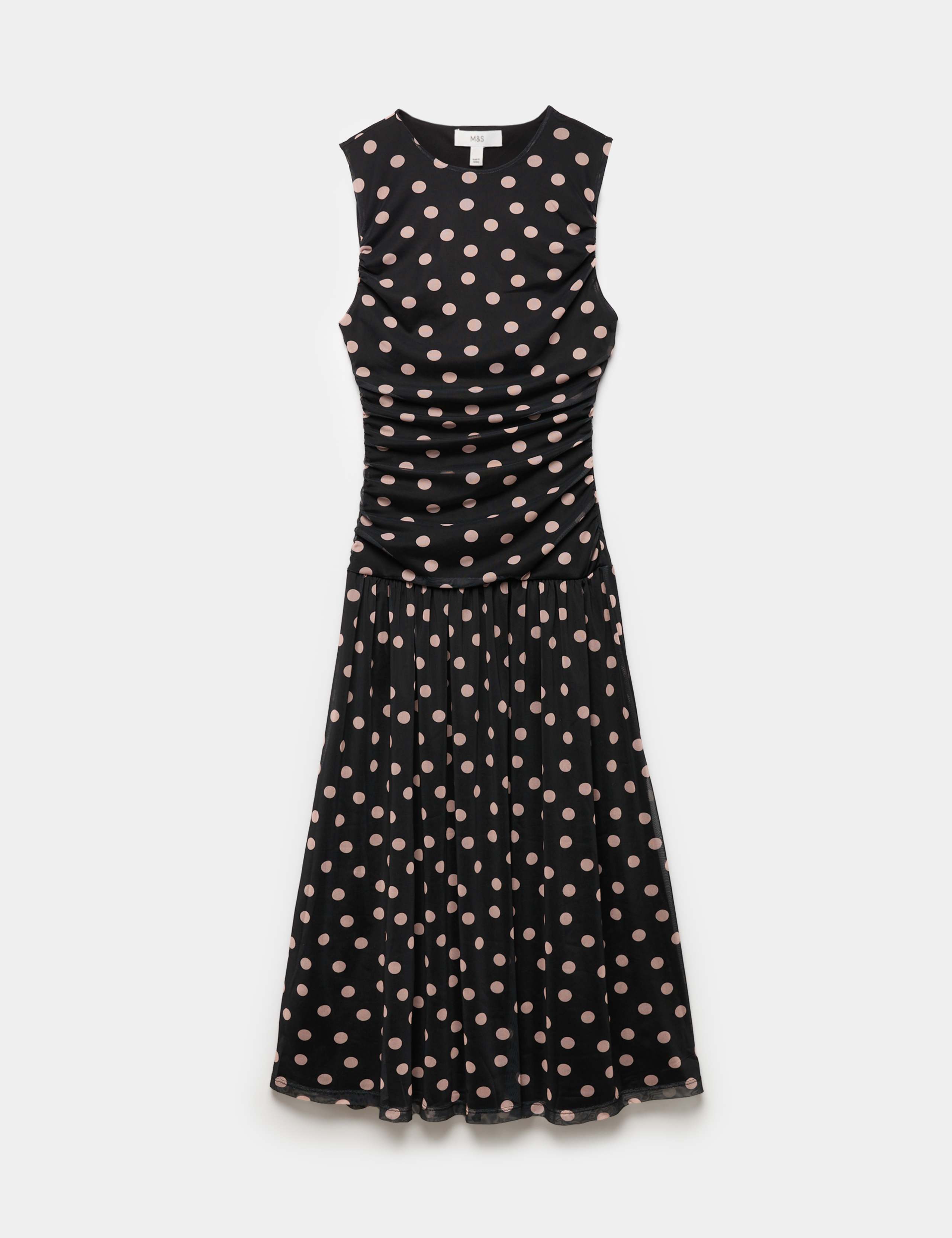 Mesh Polka Dot Midi Dropped Waist Dress