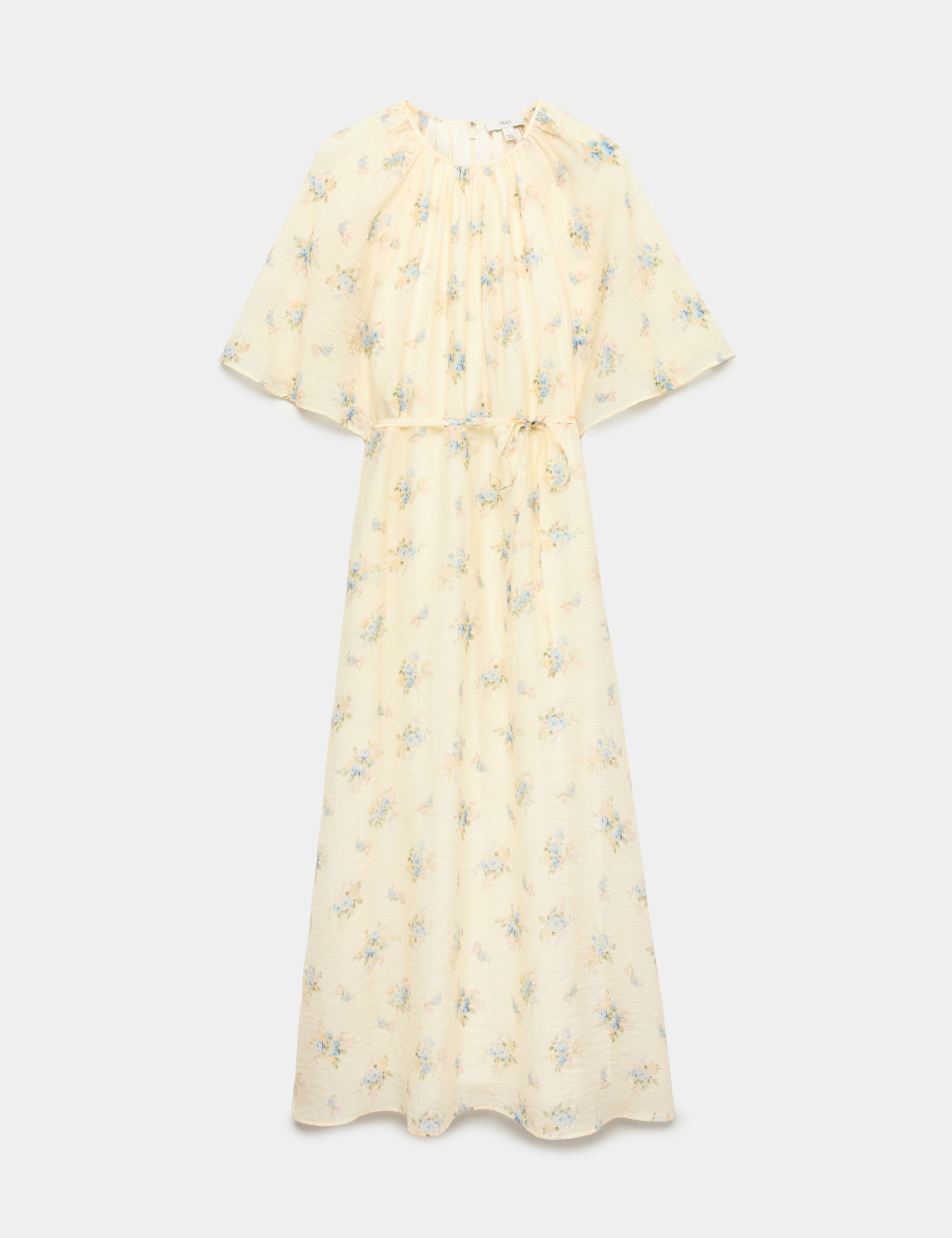 Floral Angel Sleeve Midi Waisted Dress