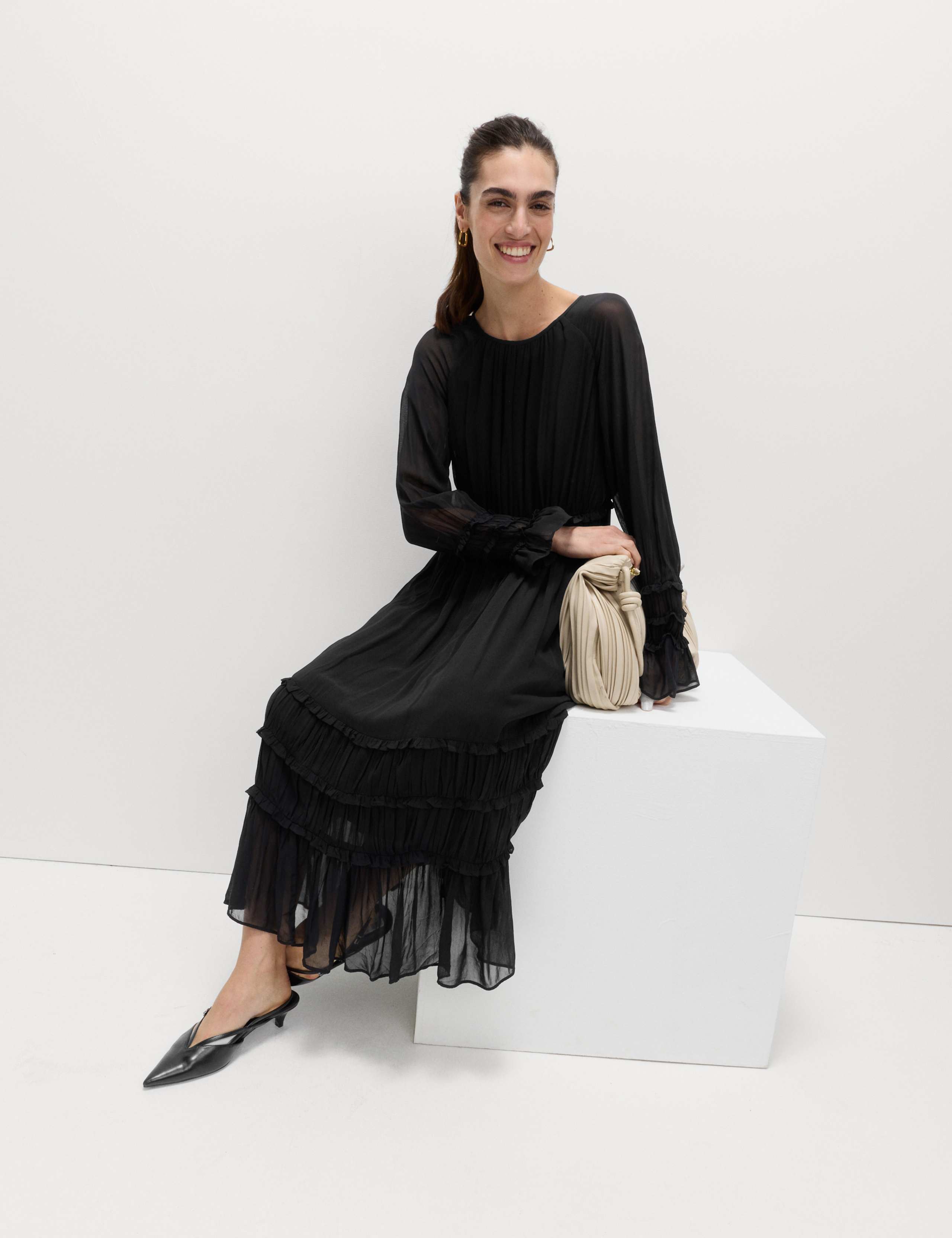 Sheer Frill Detail Midi Waisted Dress