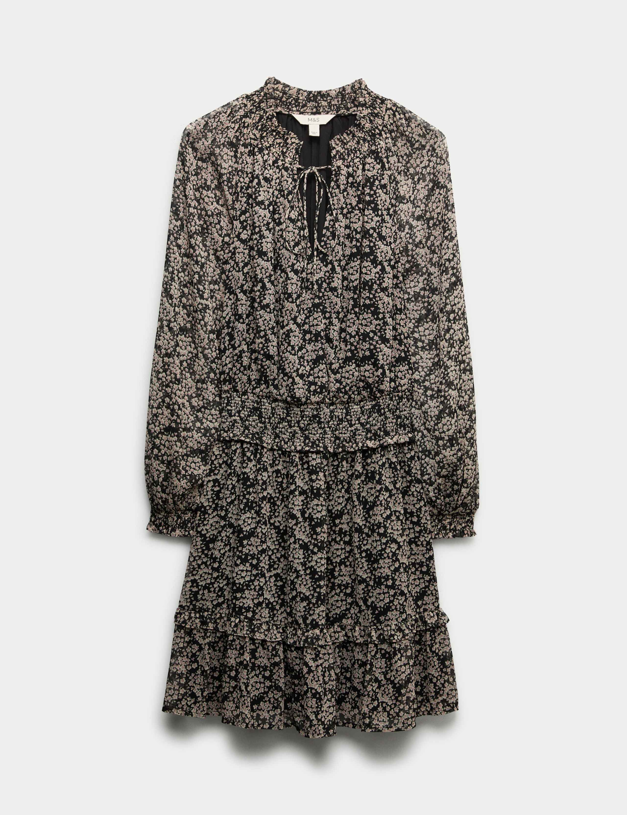 Chiffon Floral Tie Neck Mini Waisted Dress