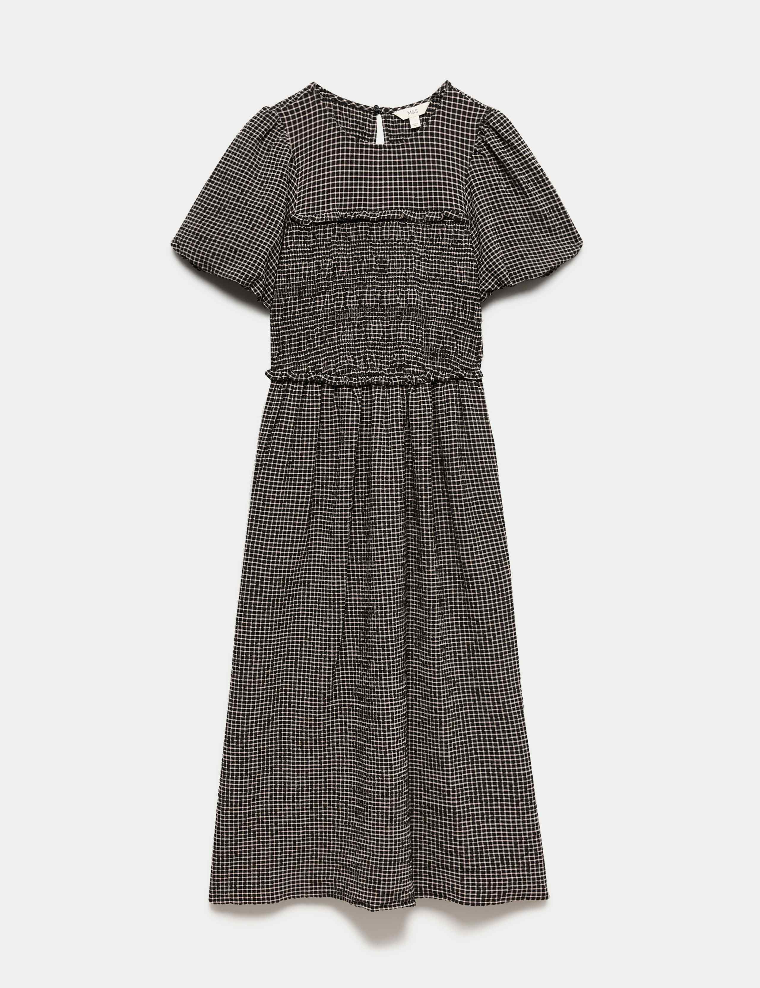 Gingham Puff Sleeve Midi Waisted Dress