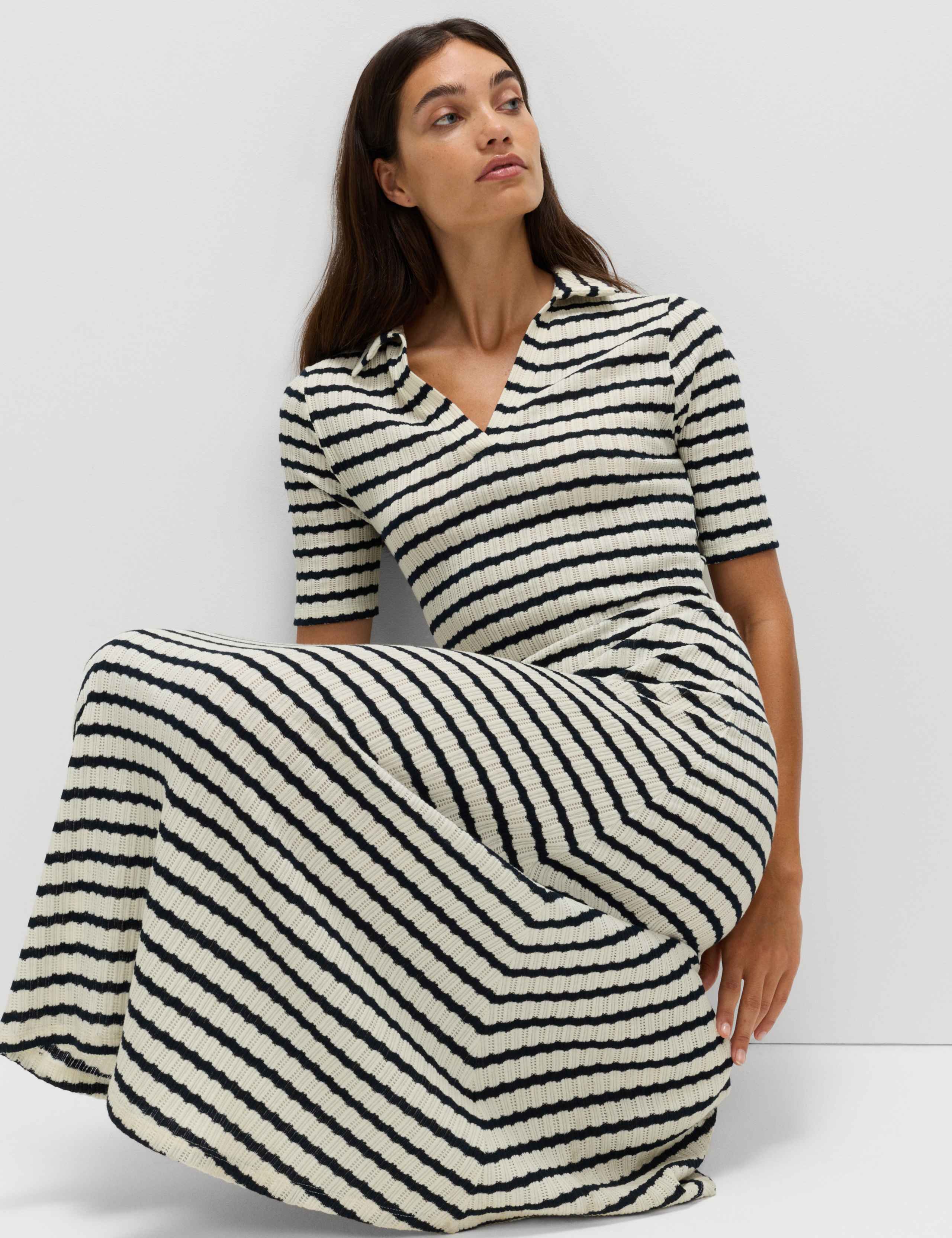 Jersey Striped V-Neck Midi Waisted Dress