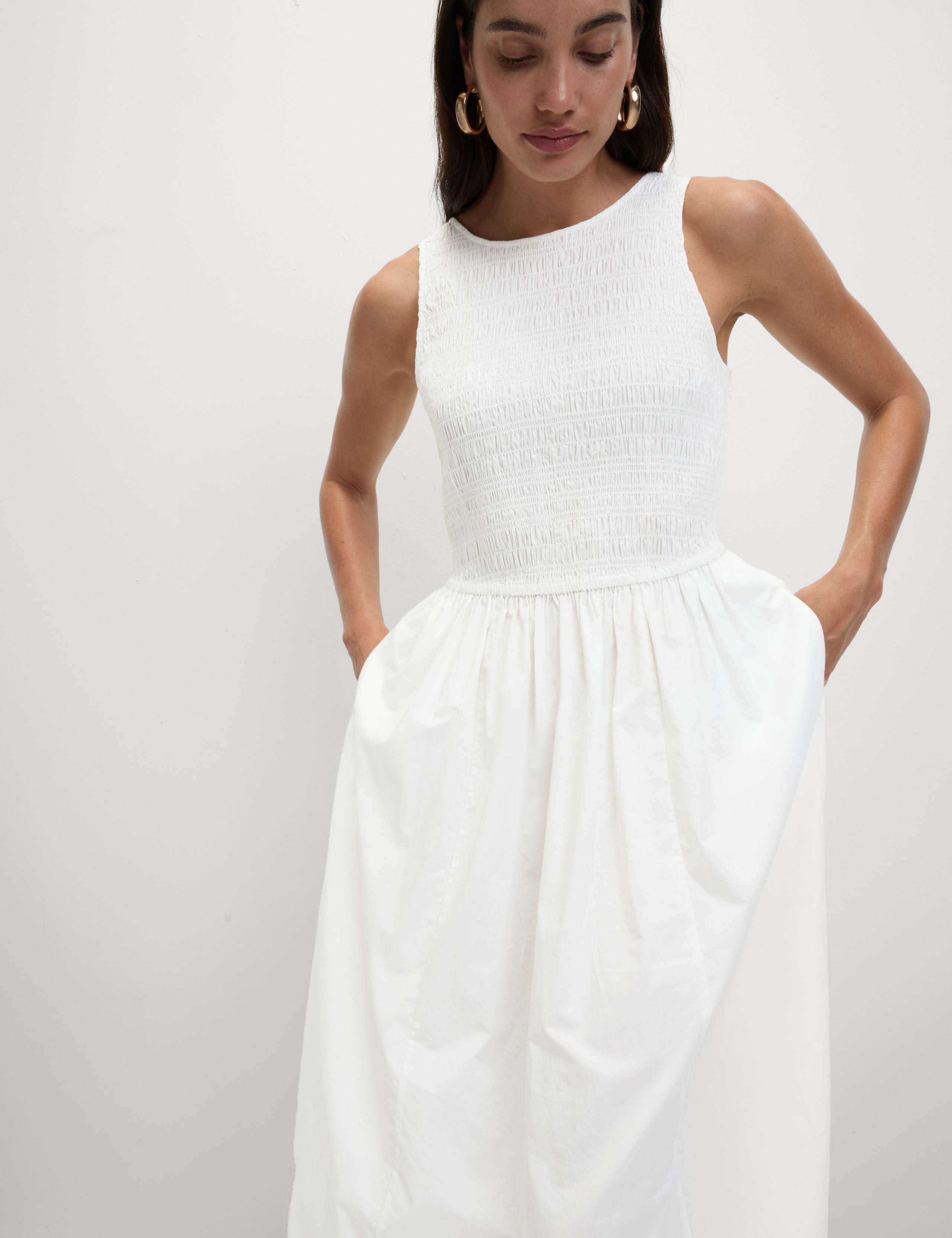 Pure Cotton Shirred Maxi Waisted Dress