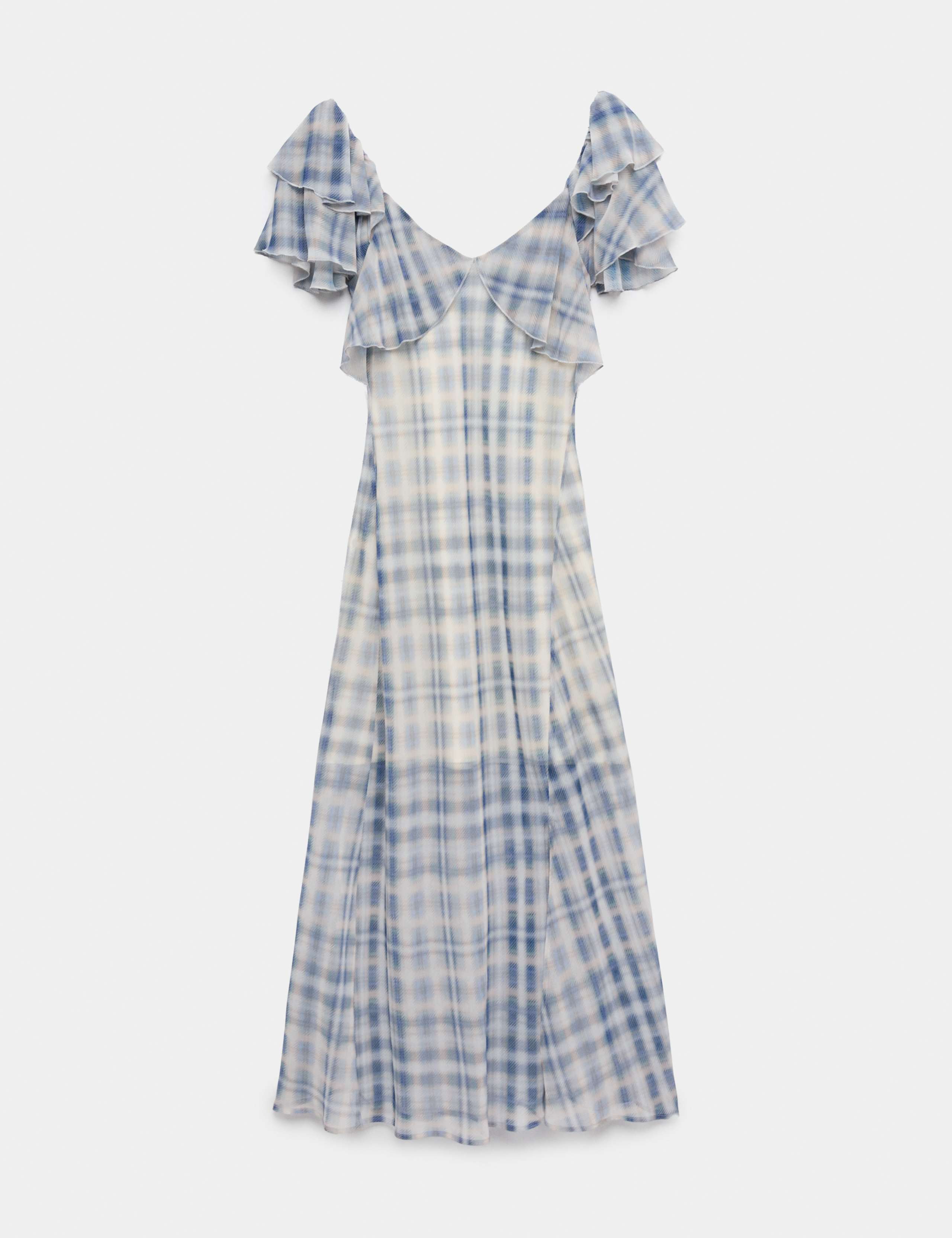 Checked Frill Sleeve Maxi Column Dress