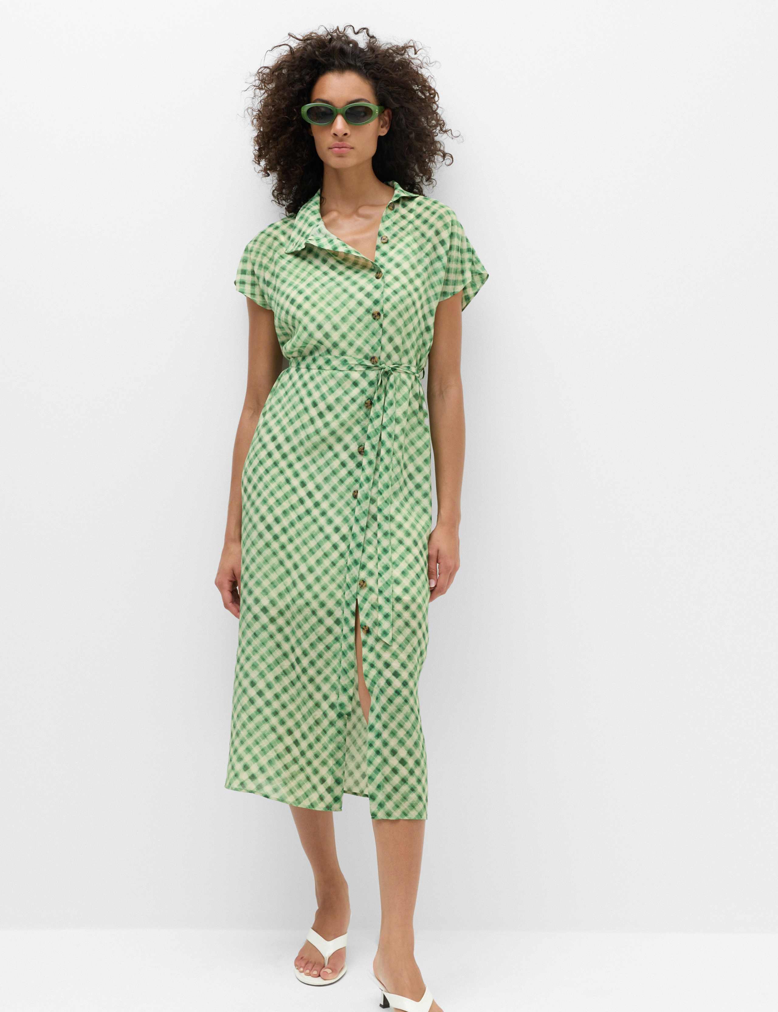 Gingham Funnel Neck Midi Shirt Dress