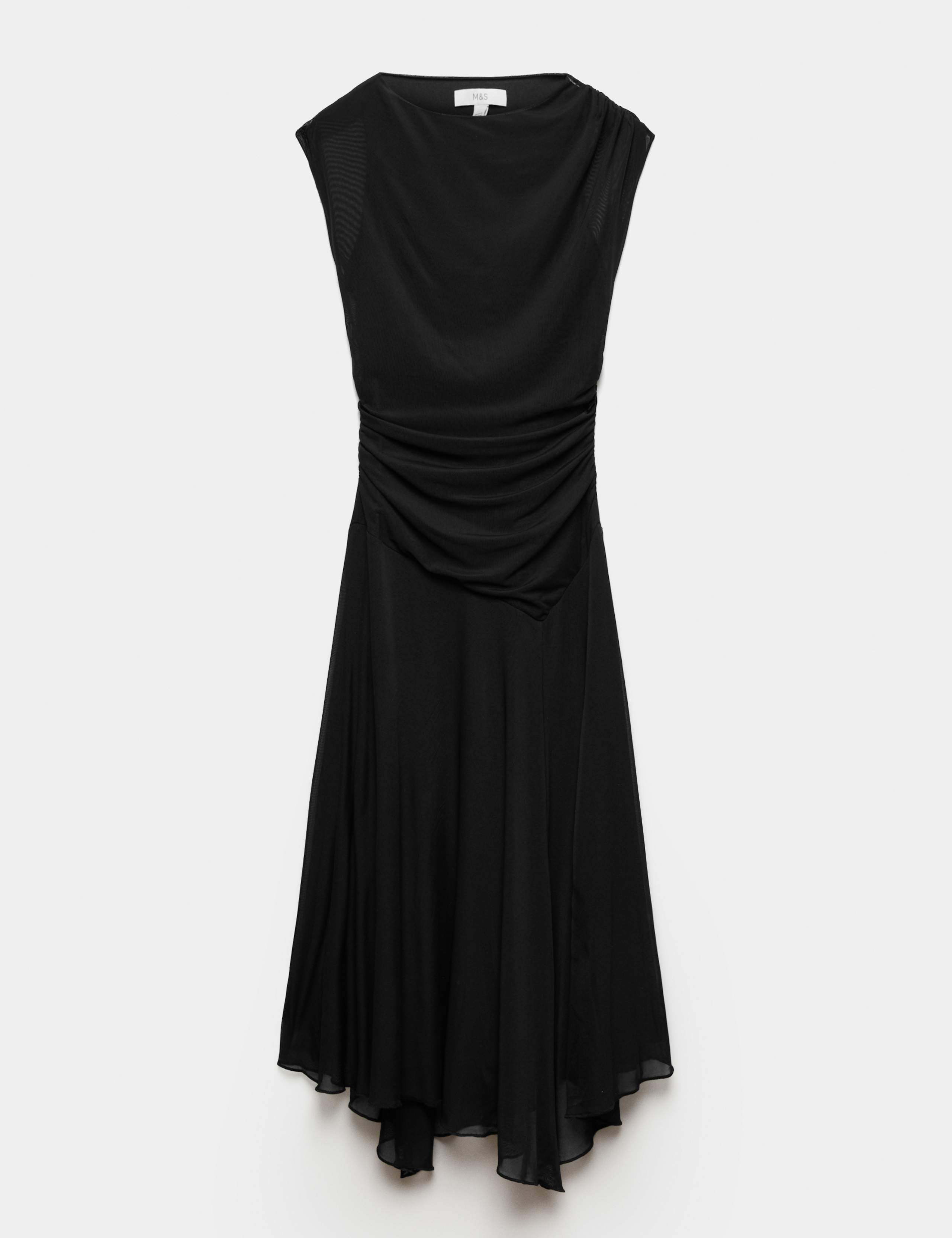 Mesh Slash Neck Draped Midi Waisted Dress