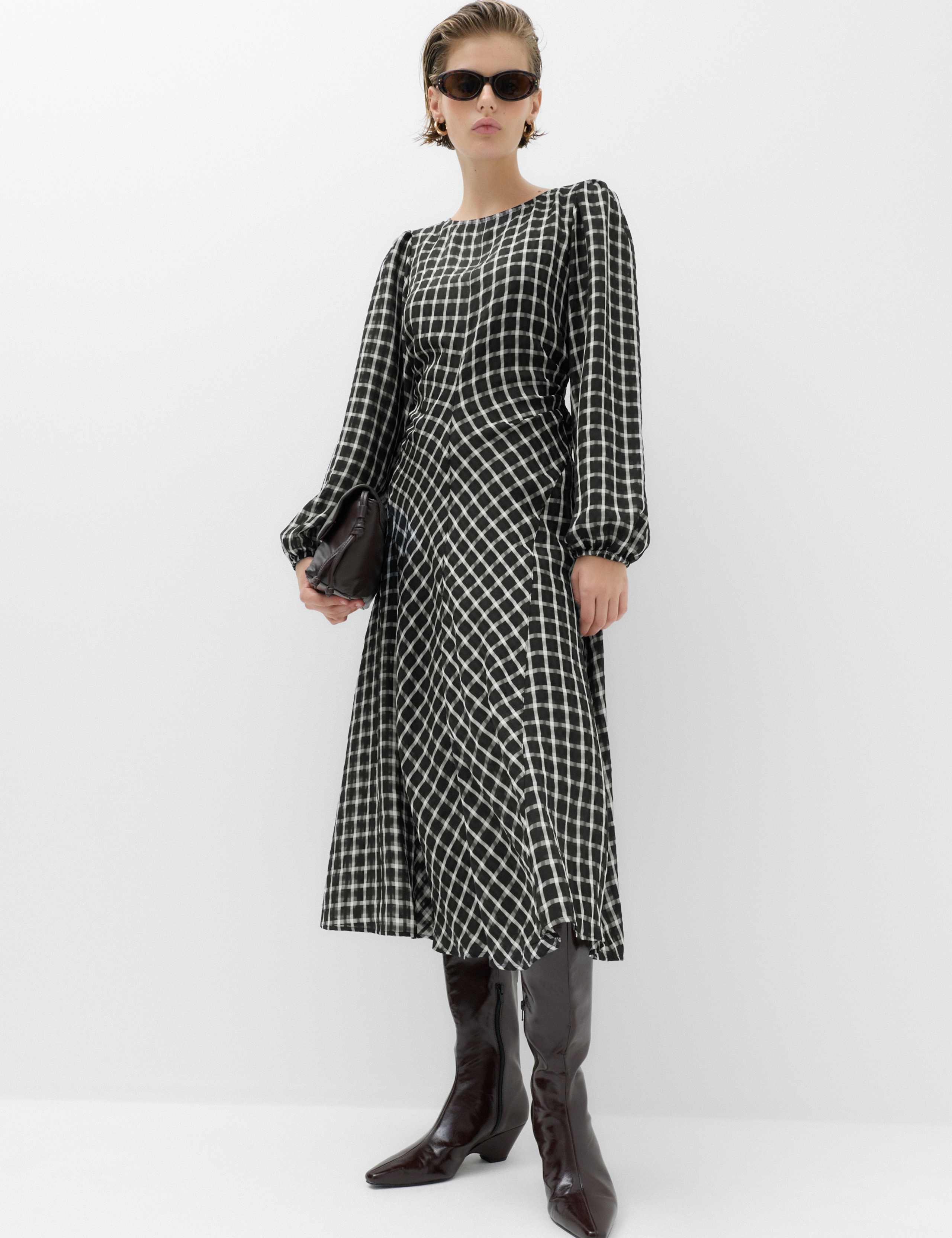 Checked Blouson Sleeve Midaxi Dress