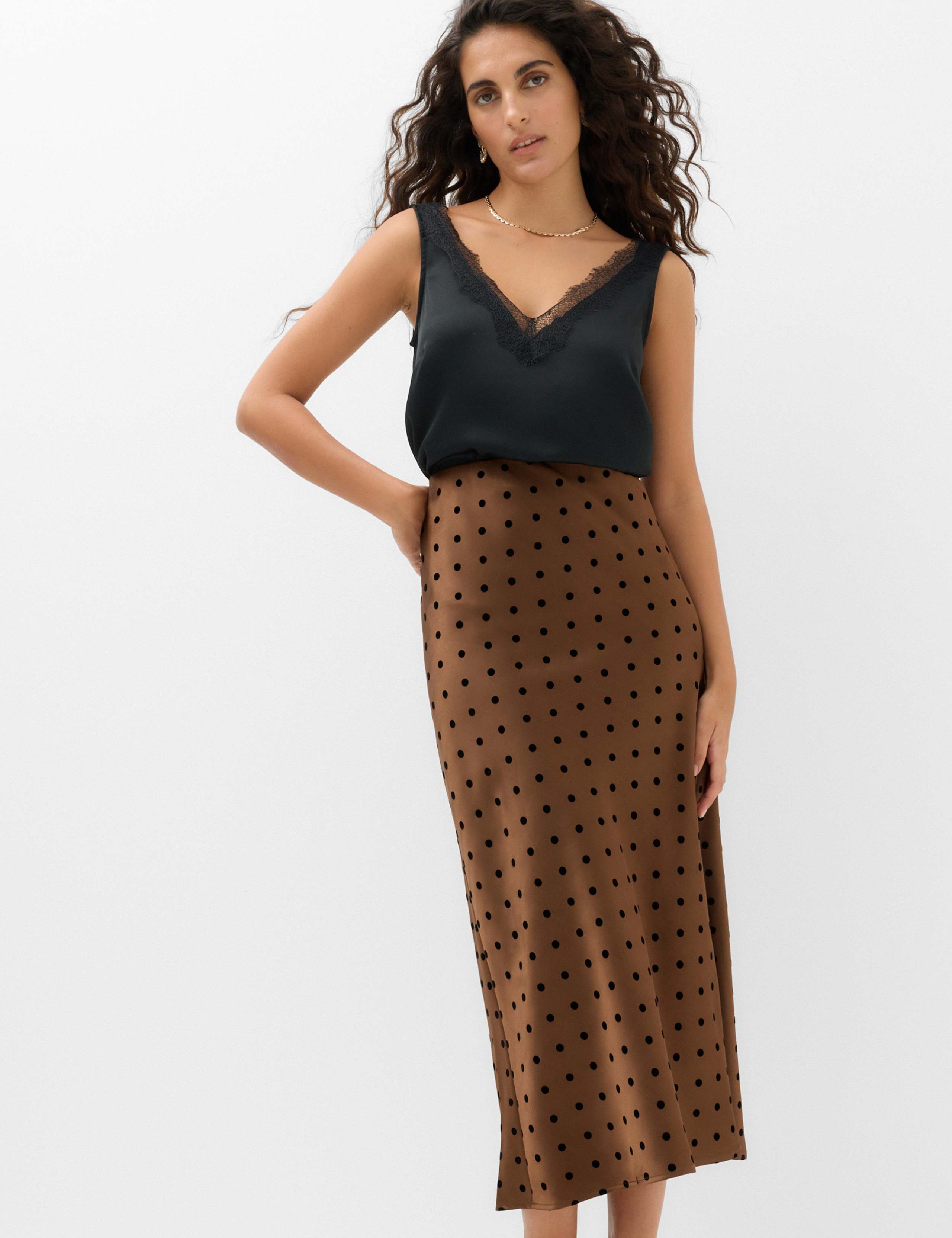 Satin Poka Dot Midi Slip Skirt