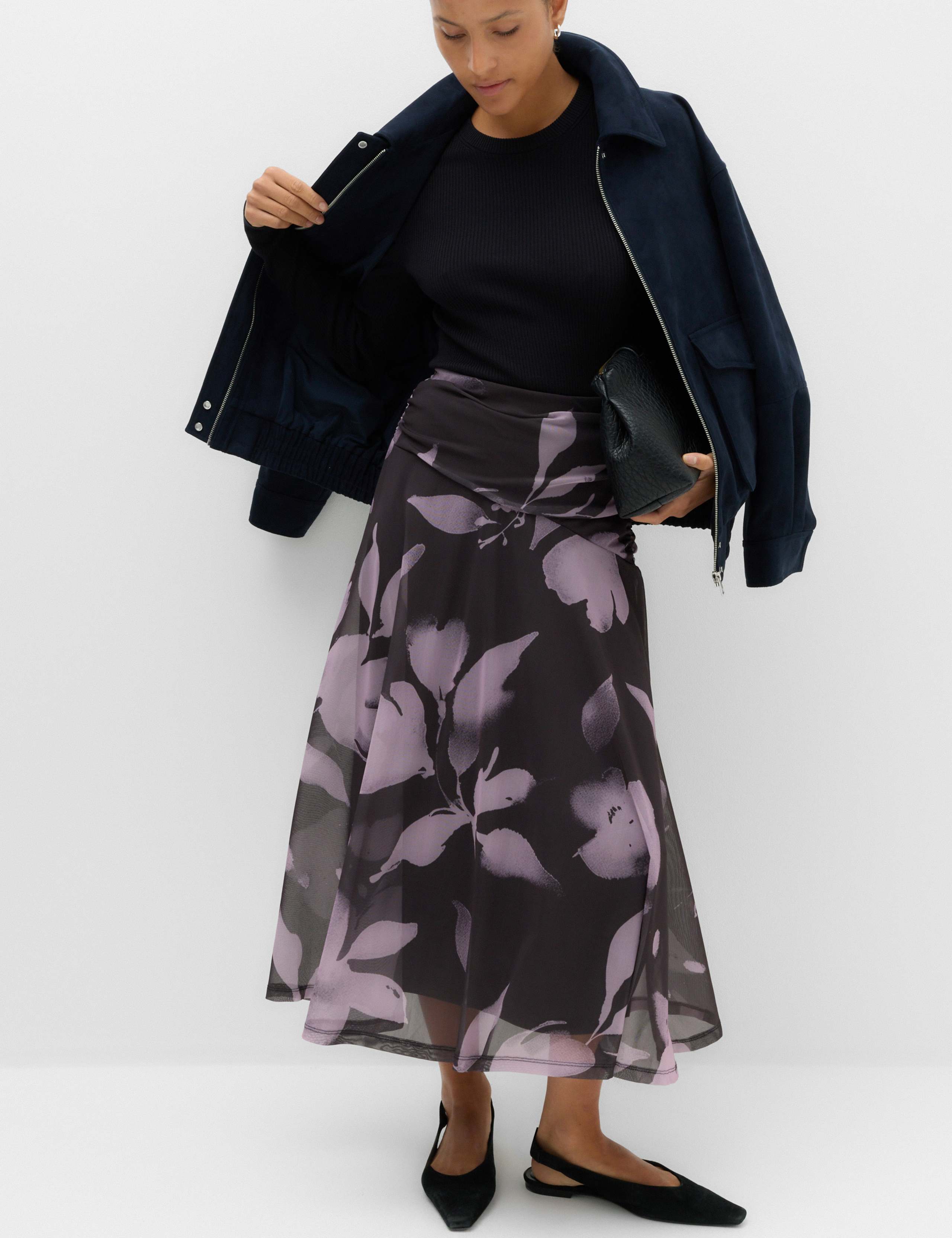 Mesh Floral Midi A Line Skirt