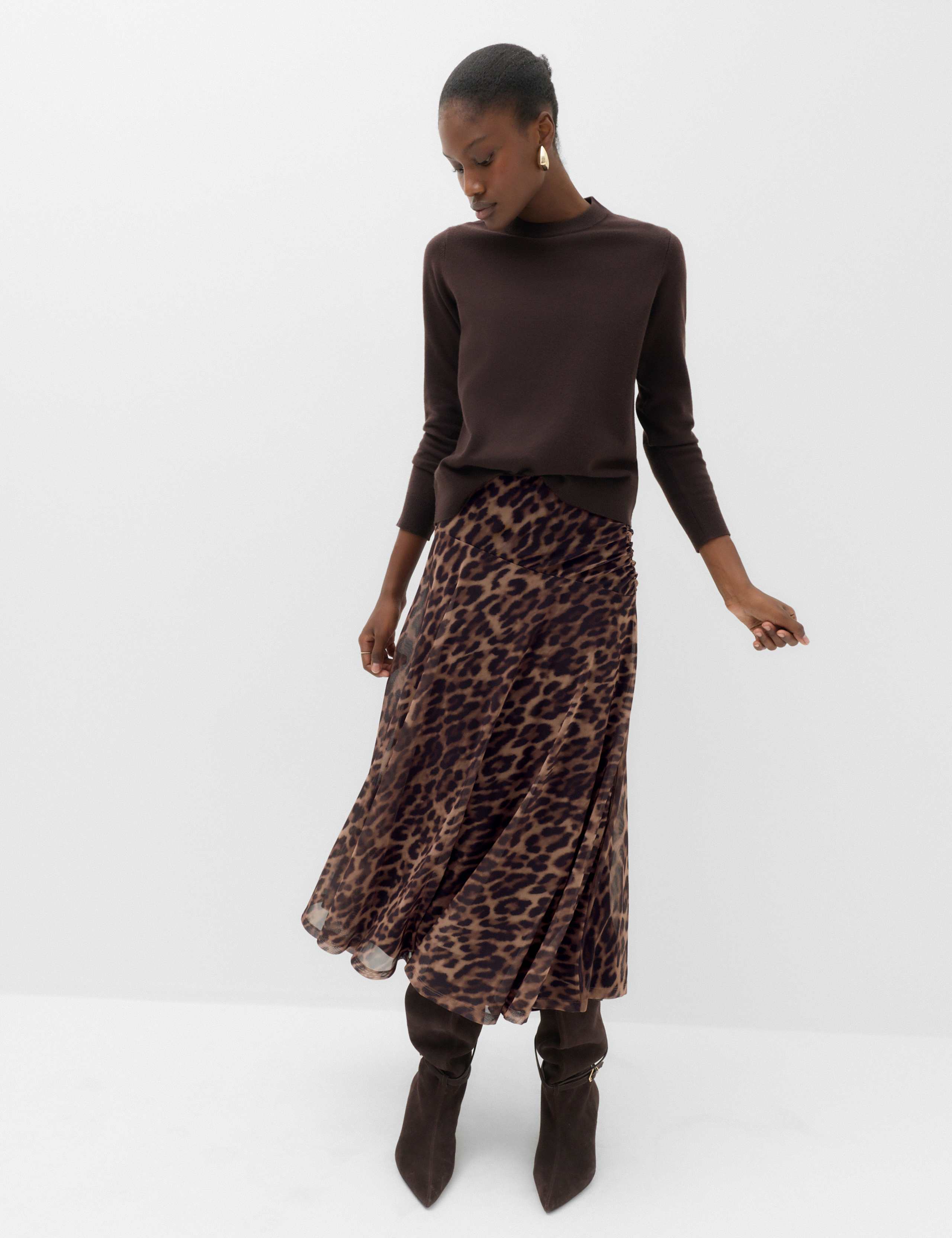 Animal Print Mesh Midi A-Line Skirt