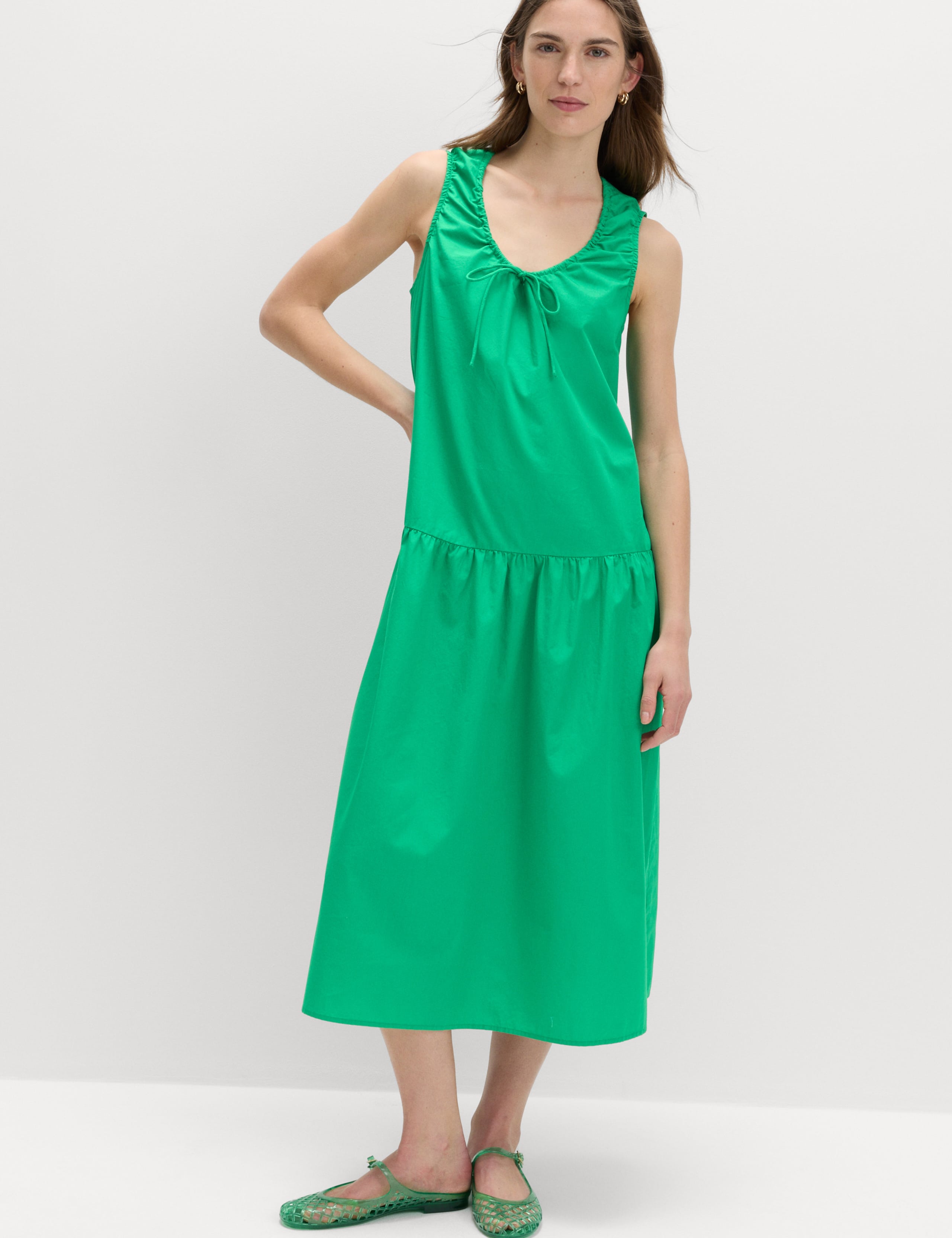 Pure Cotton Tie Detail Midi Tiered Dress