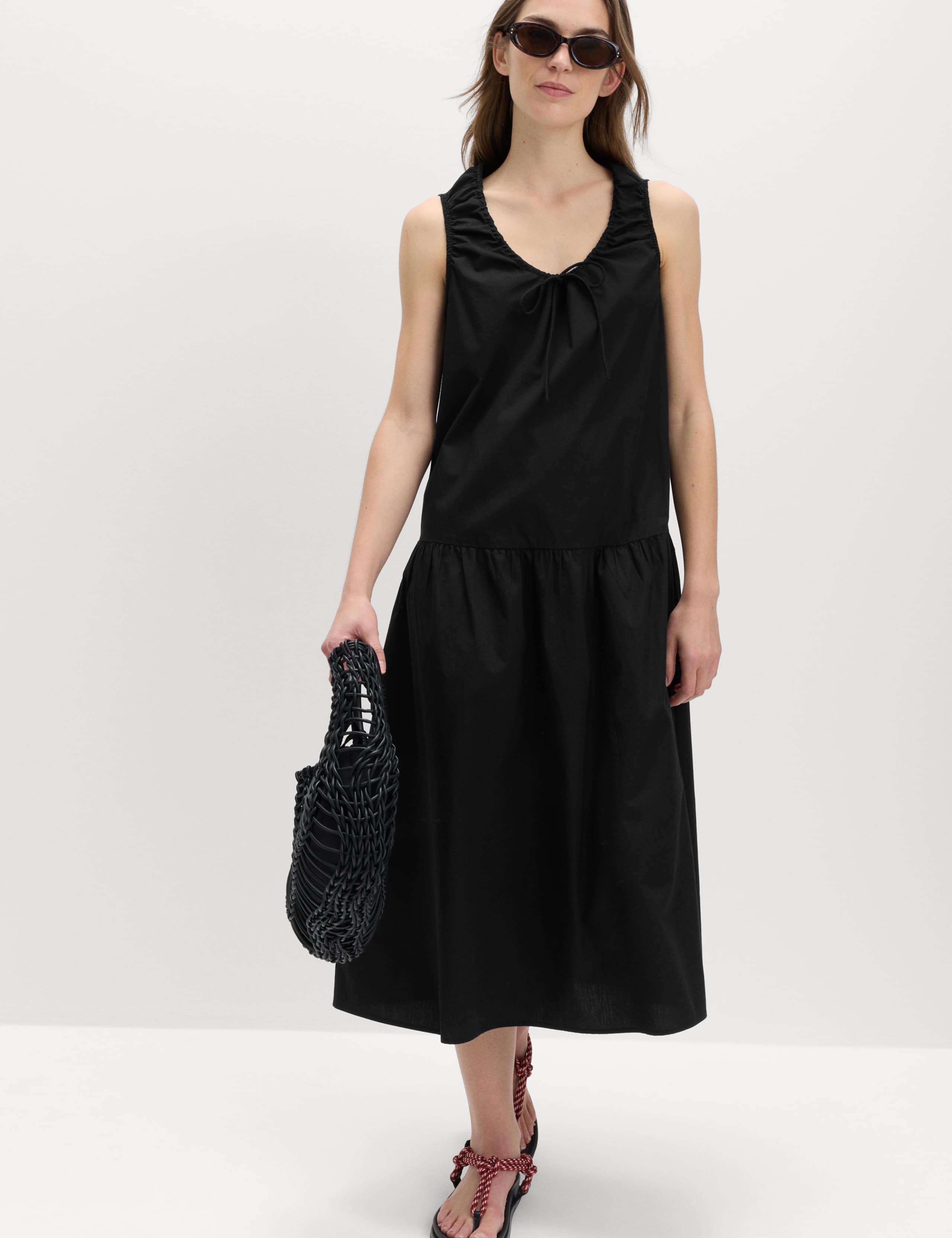 Pure Cotton Tie Detail Midi Tiered Dress