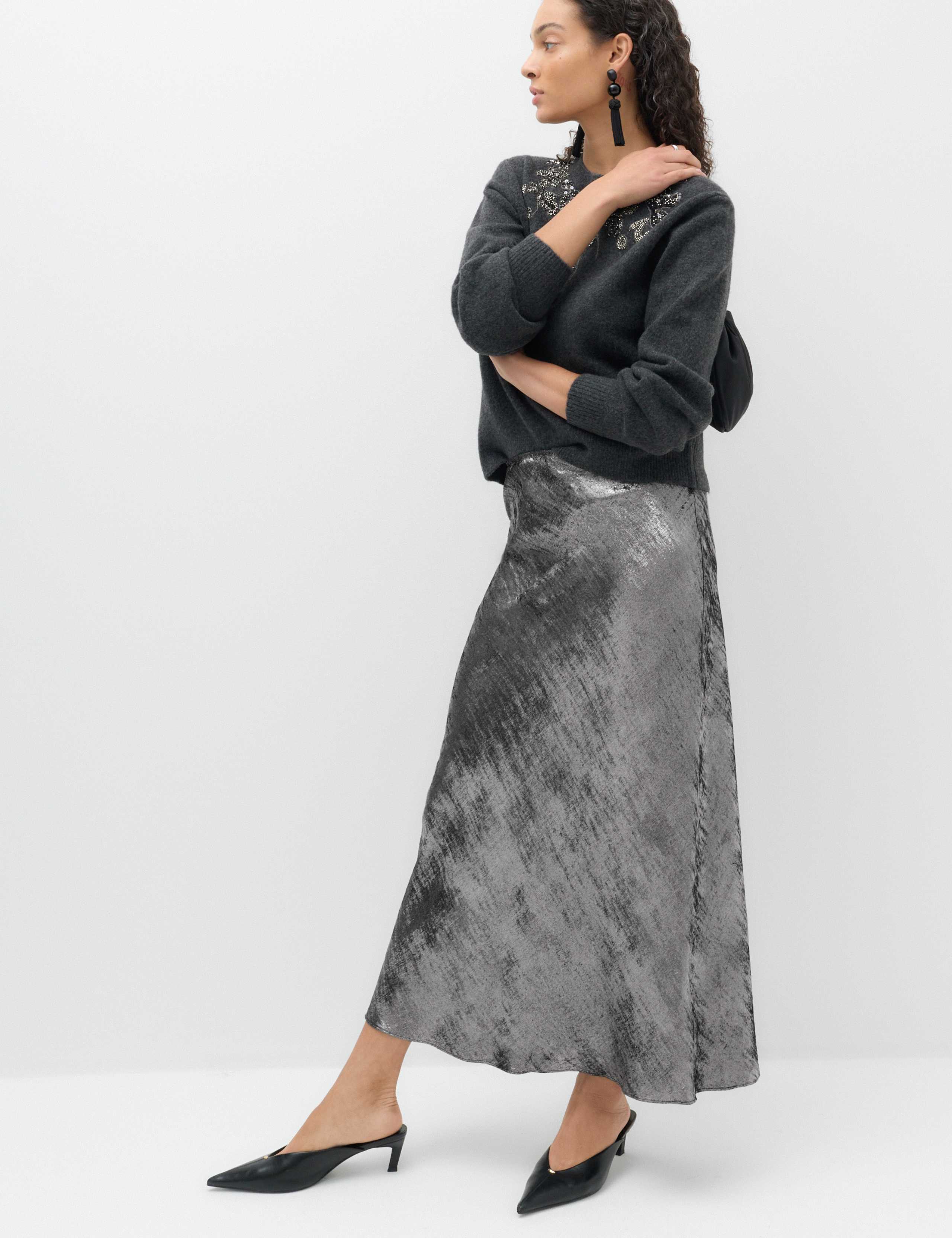 Satin Metallic Midi Slip Skirt