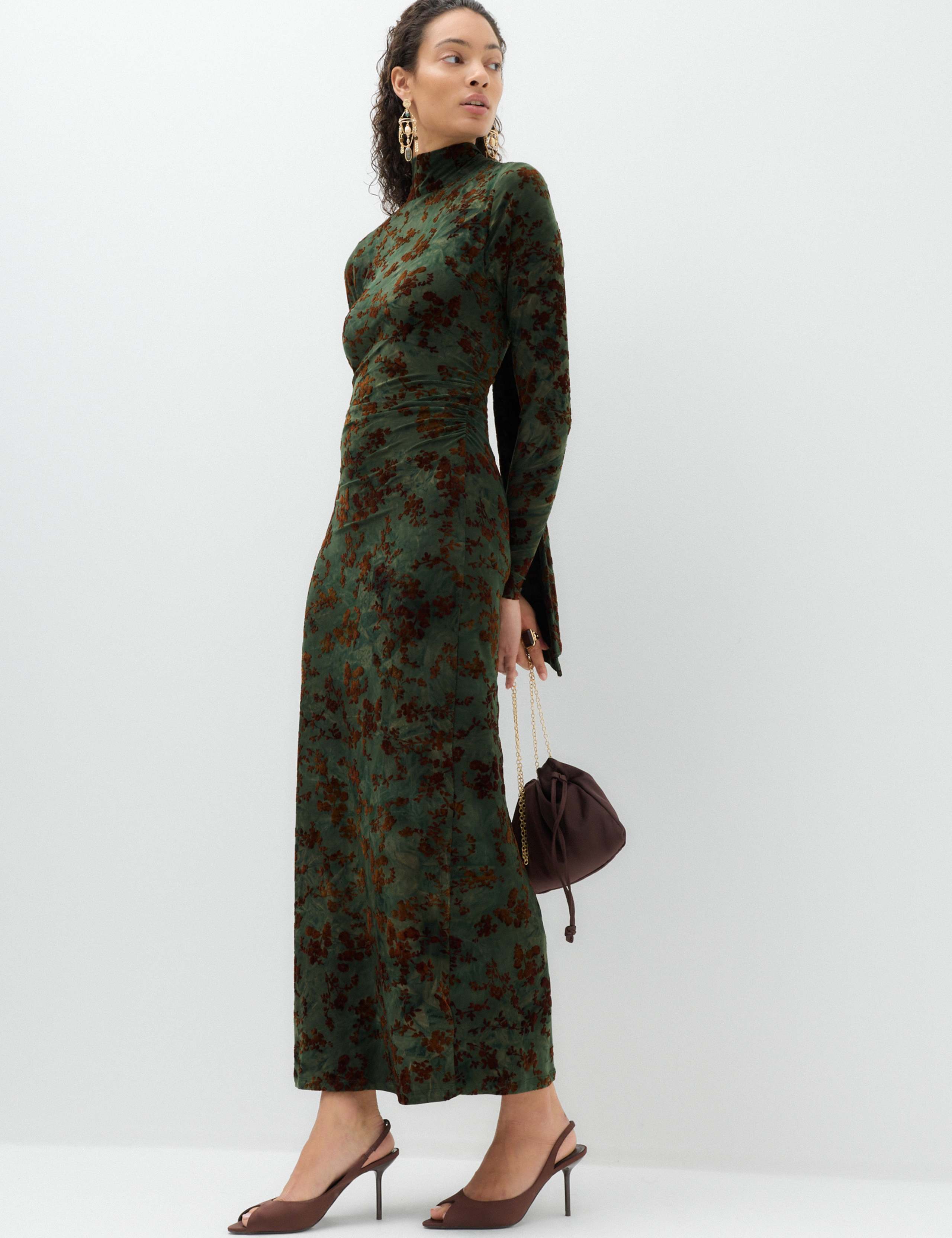 Floral Scarf Detail Midi Column Dress
