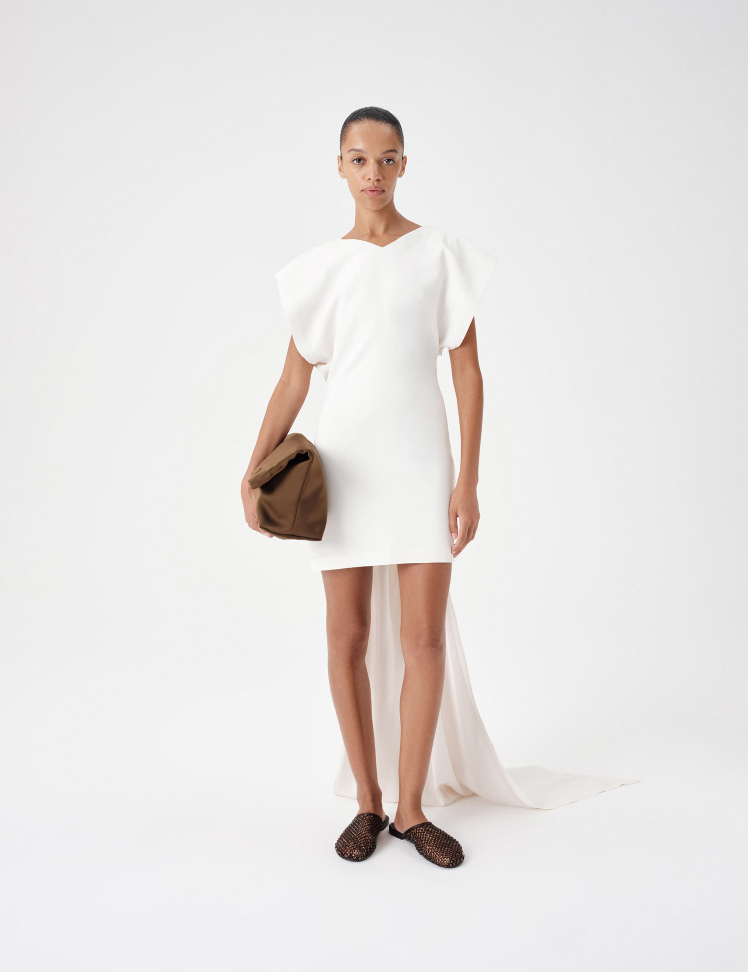 Satin V-Neck Trail Midi Shift Dress