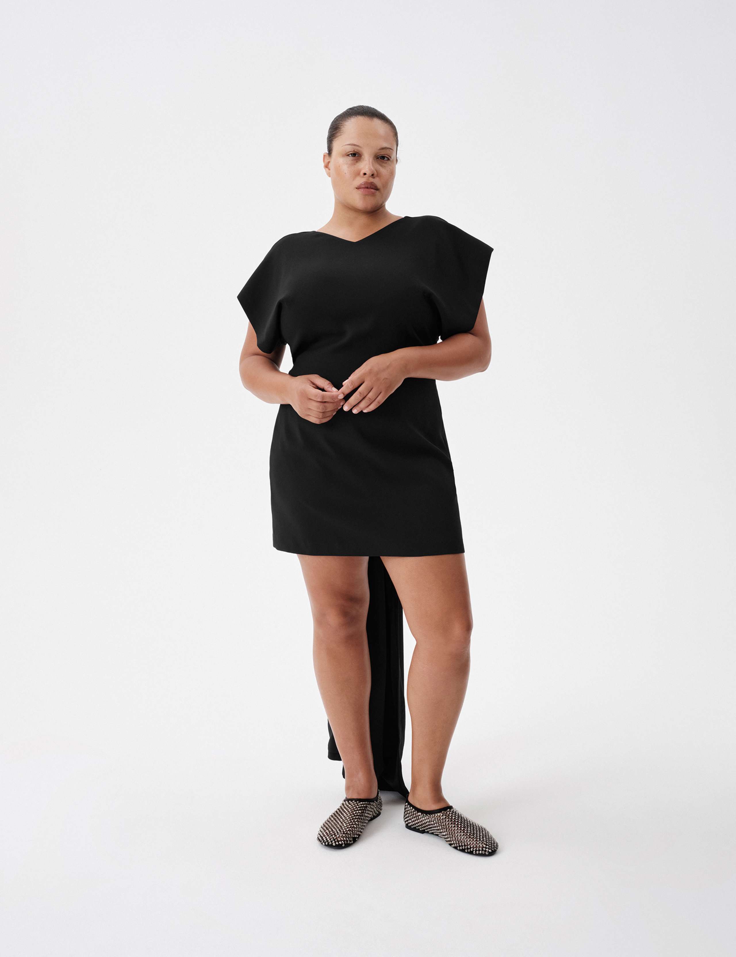 Satin V-Neck Trail Midi Shift Dress