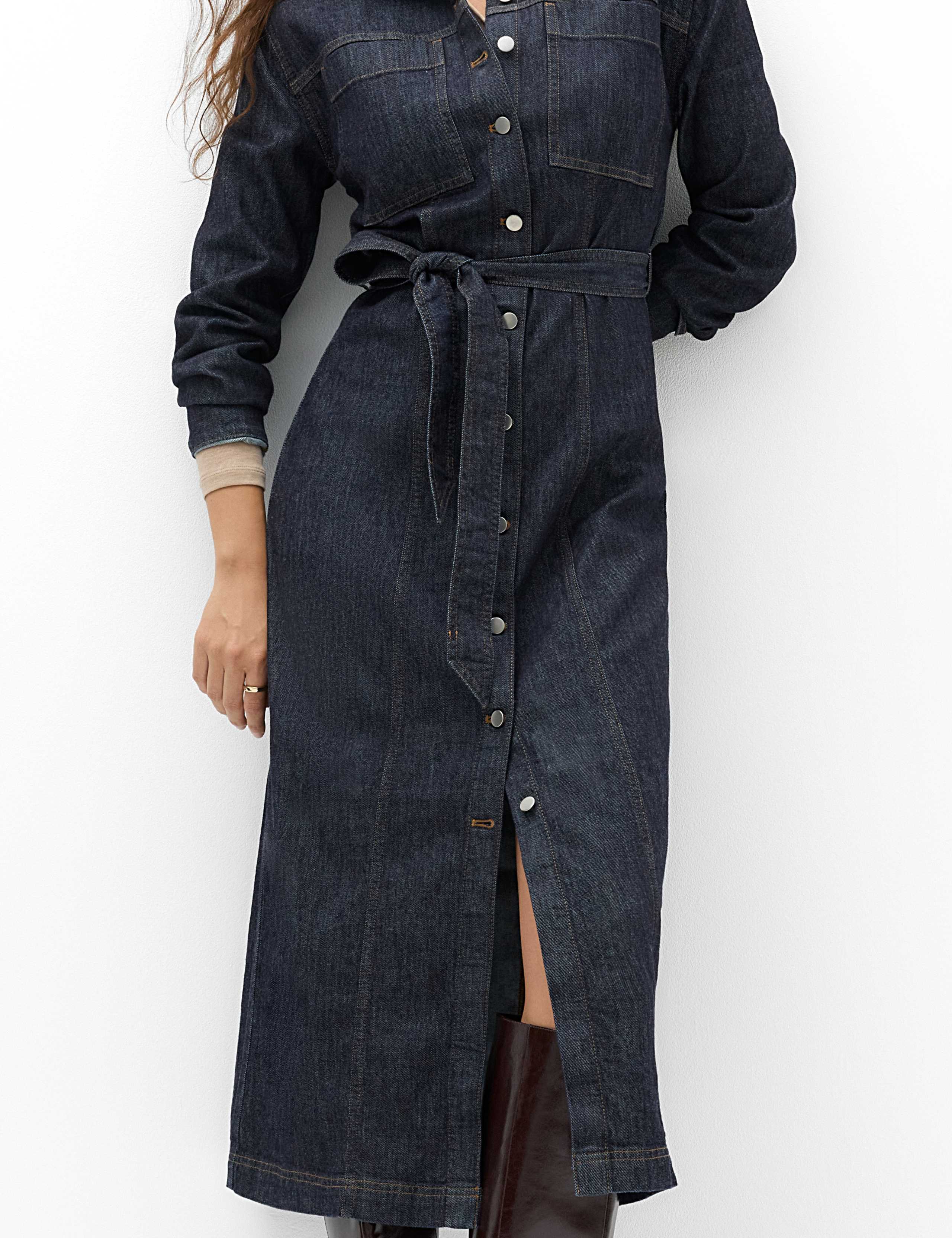 Denim Funnel Neck Midi Column Dress