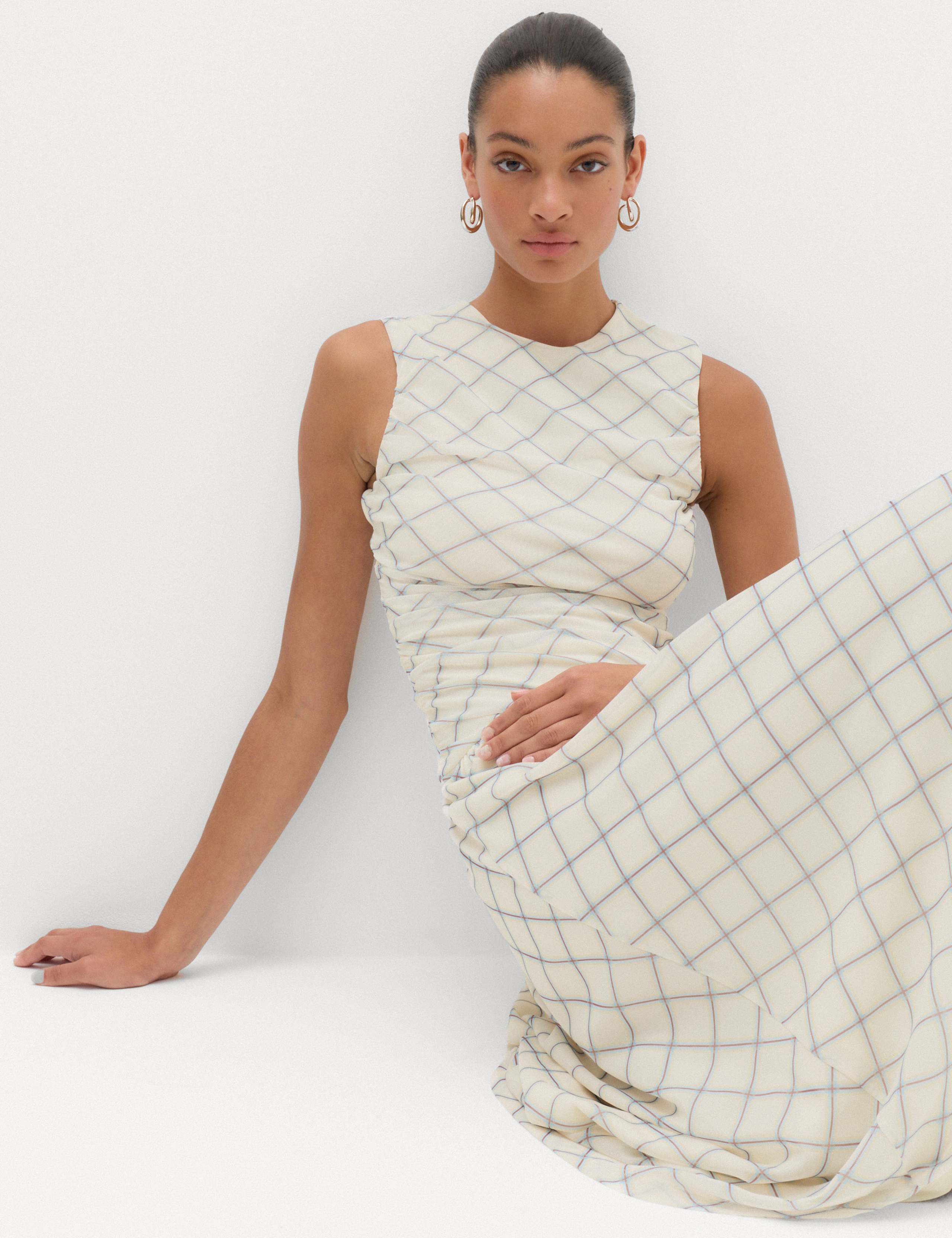 Mesh Checked Midi Dropped Waist Dress