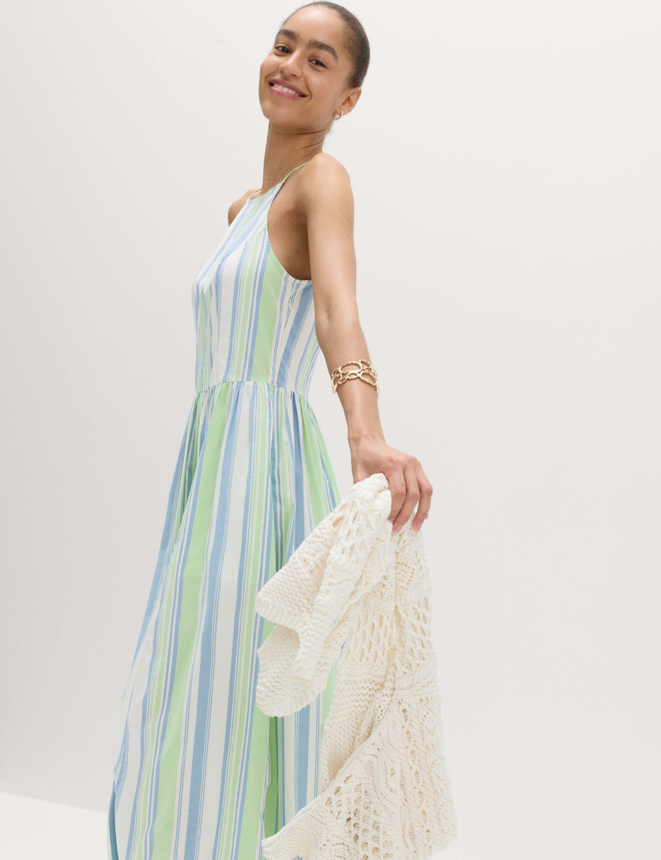 Pure Cotton Striped Midaxi Waisted Dress