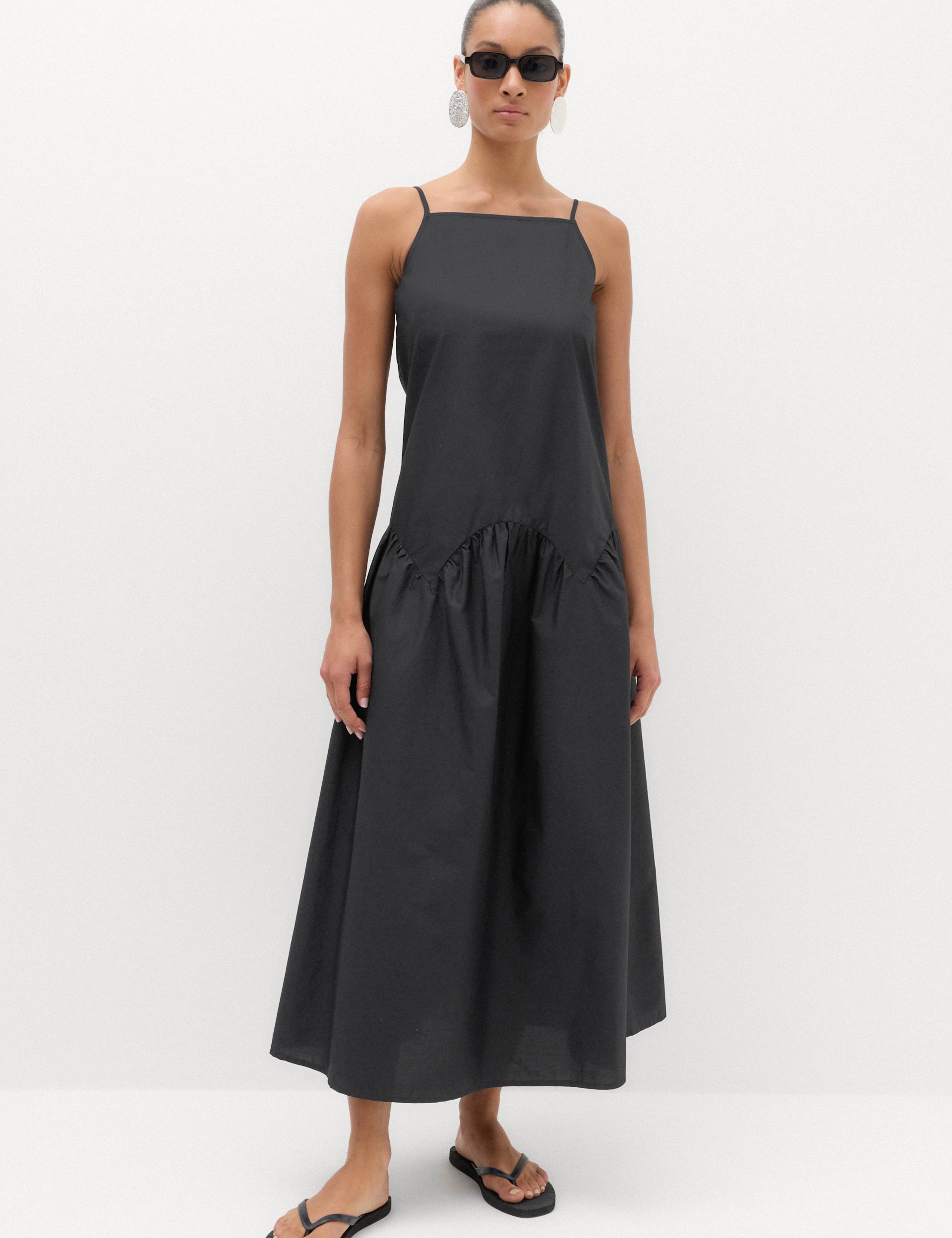 Pure Cotton Square Neck Midi Drop Waist Dress