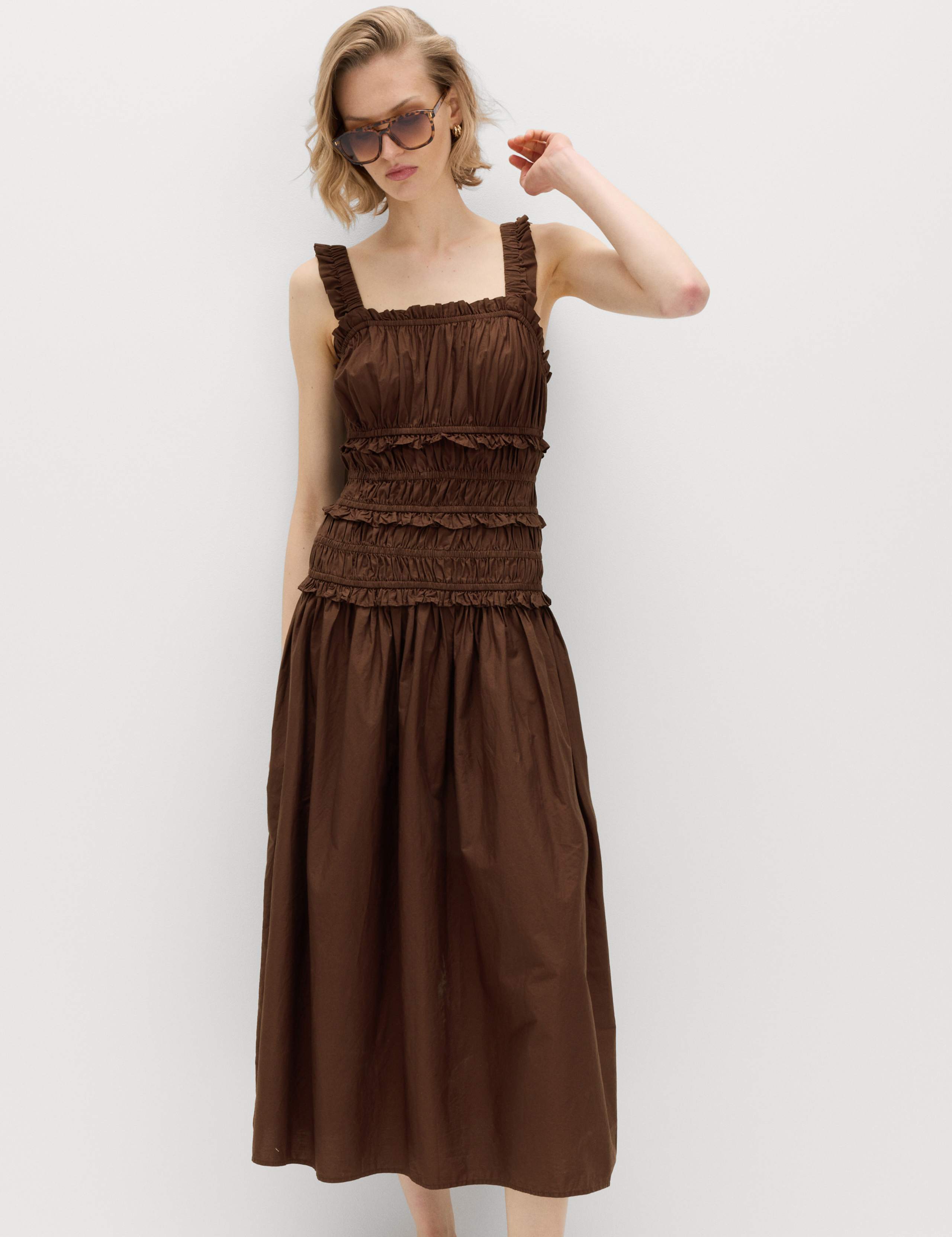 Pure Cotton Shirred Midi Waisted Dress