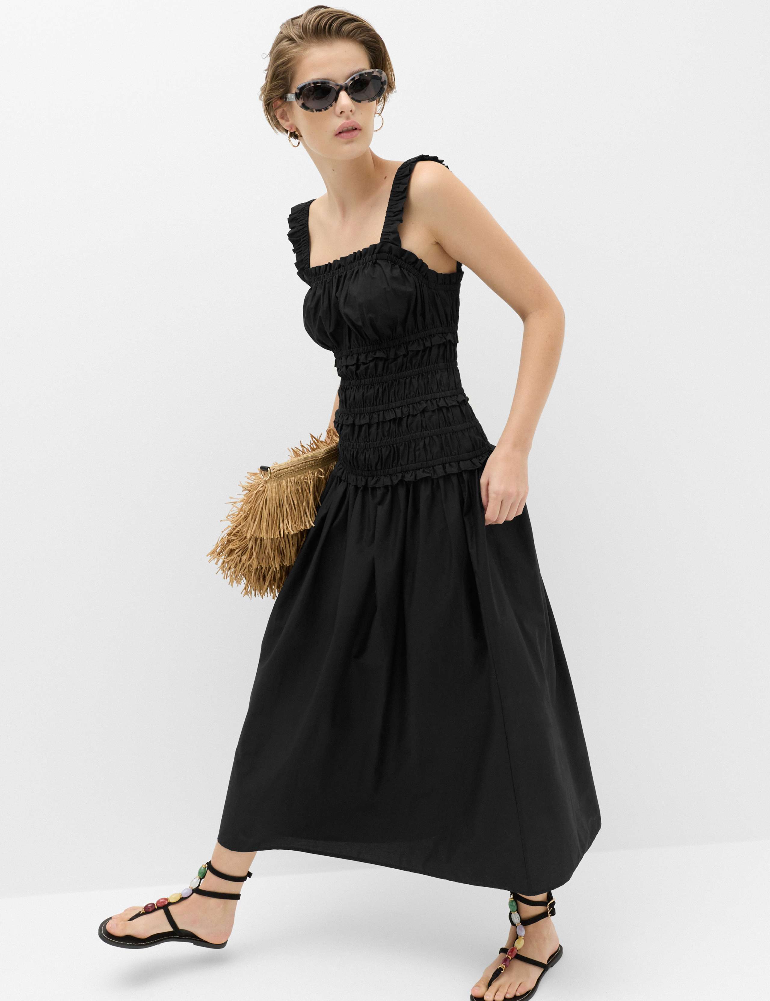 Pure Cotton Shirred Midi Waisted Dress