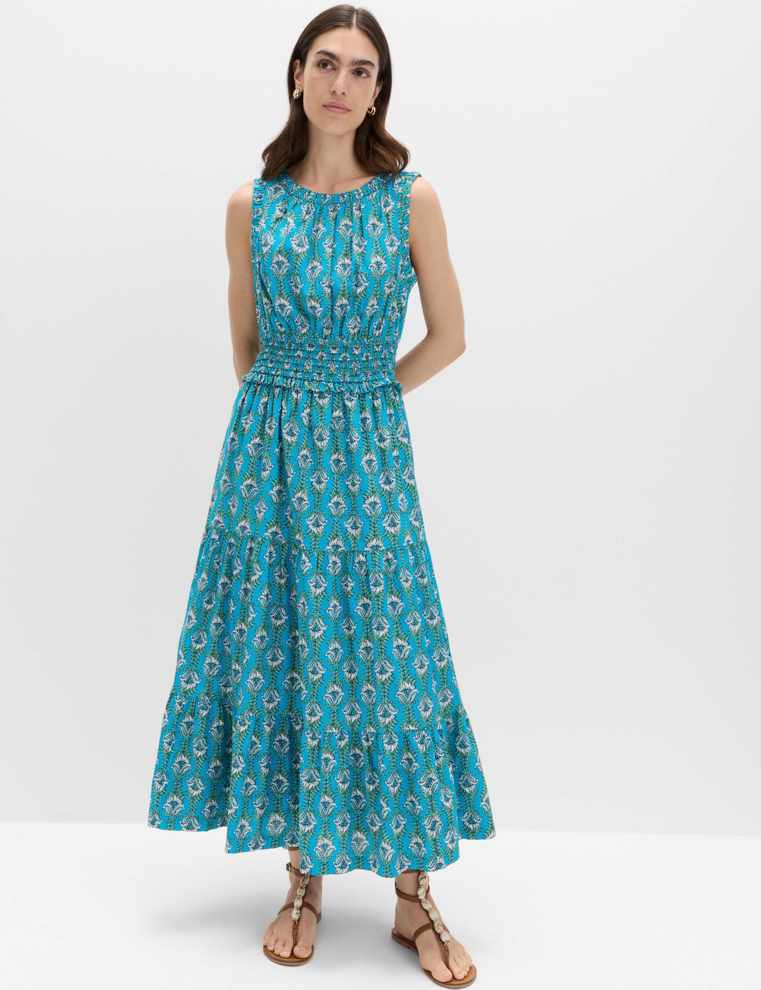 Pure Cotton Floral Midi Waisted Dress