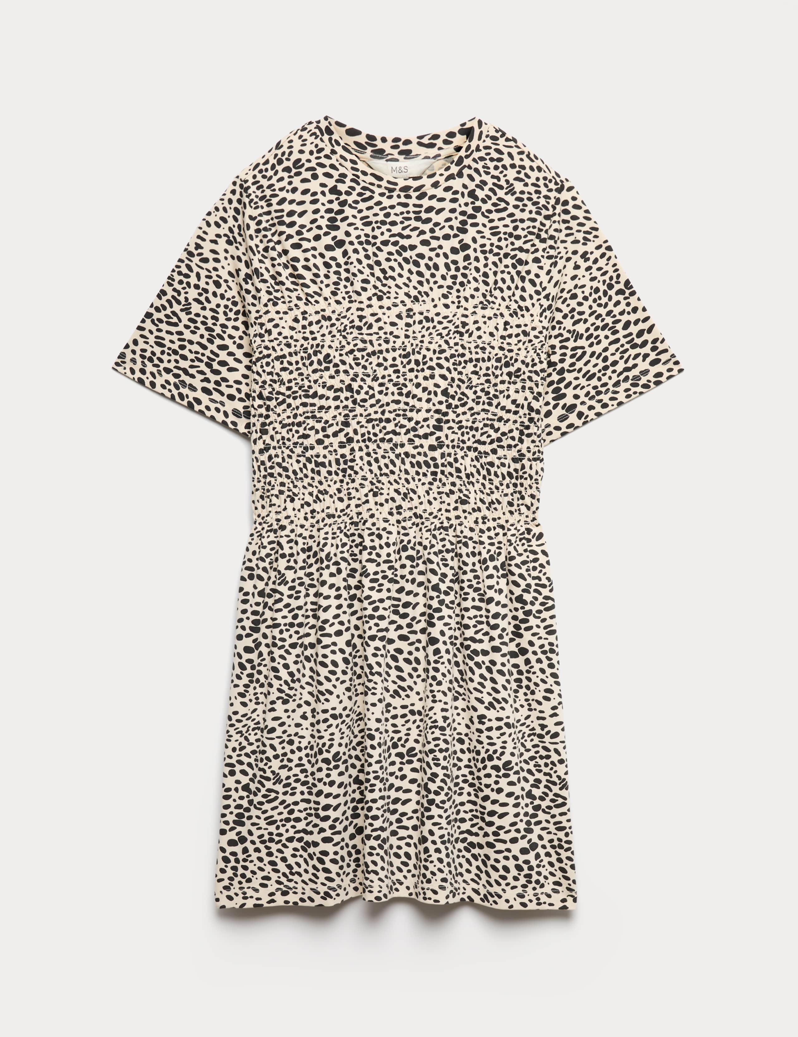 Cotton Rich Animal Print Shirred Mini T-Shirt Dress