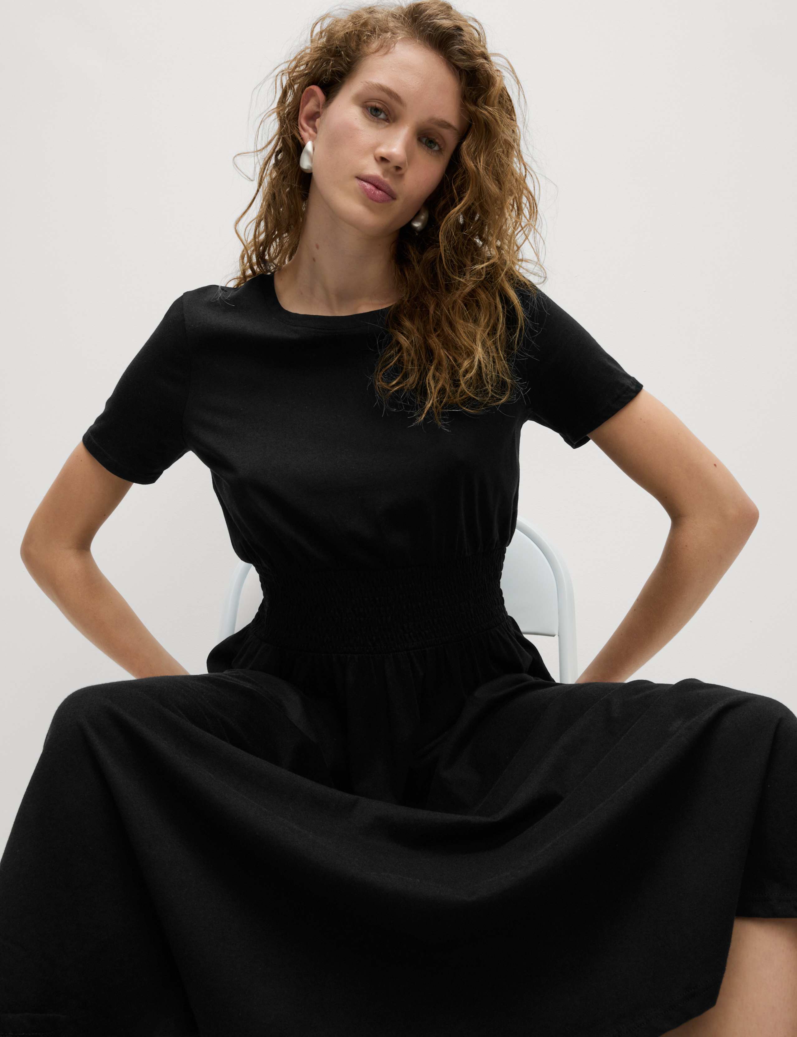 Pure Cotton Shirred Midi Waisted Dress