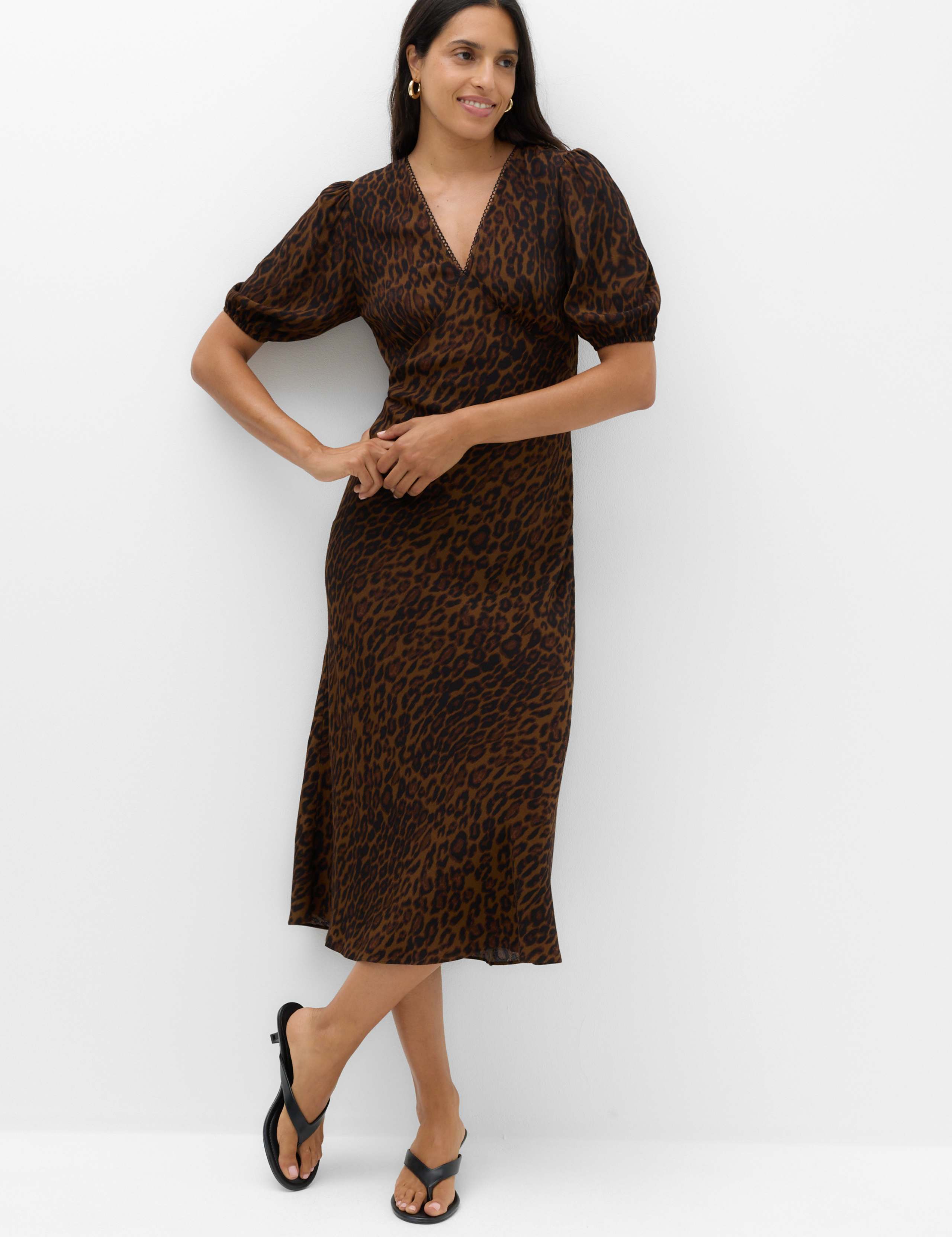 Animal Print V-Neck Midi Tea Dress