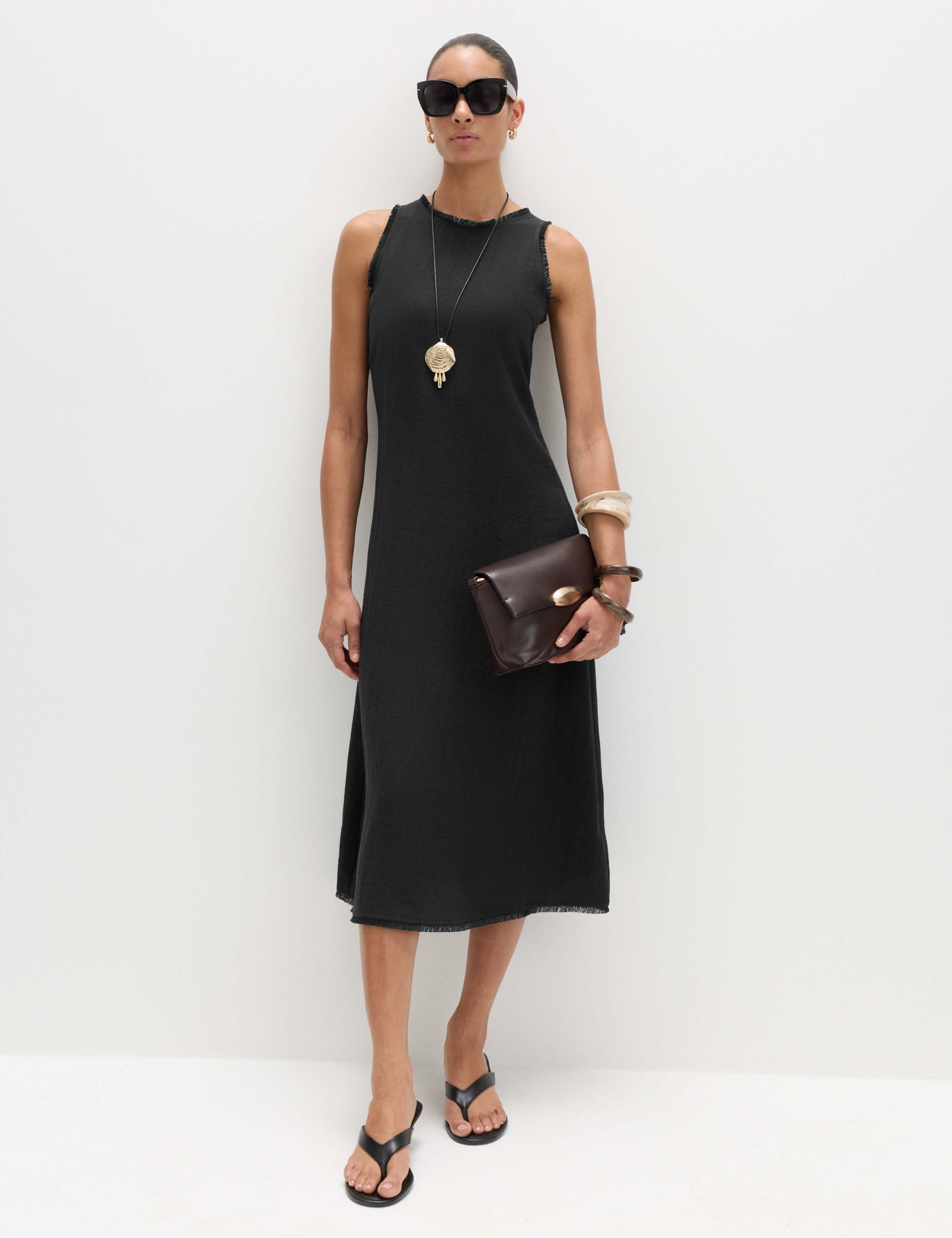 Round Neck Fringed Midi Column Dress