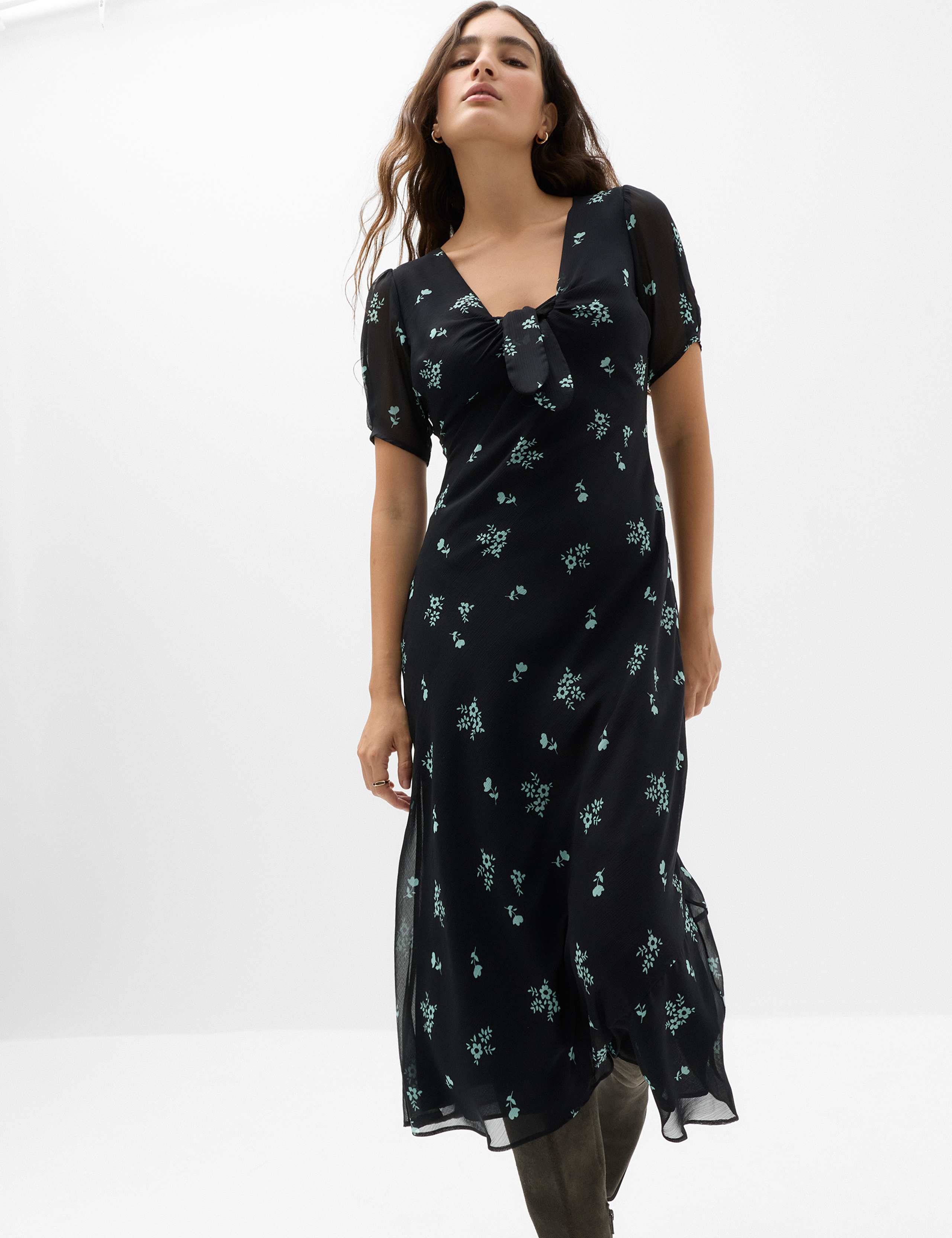 Floral Puff Sleeve Tie Detail Midaxi Tea Dress