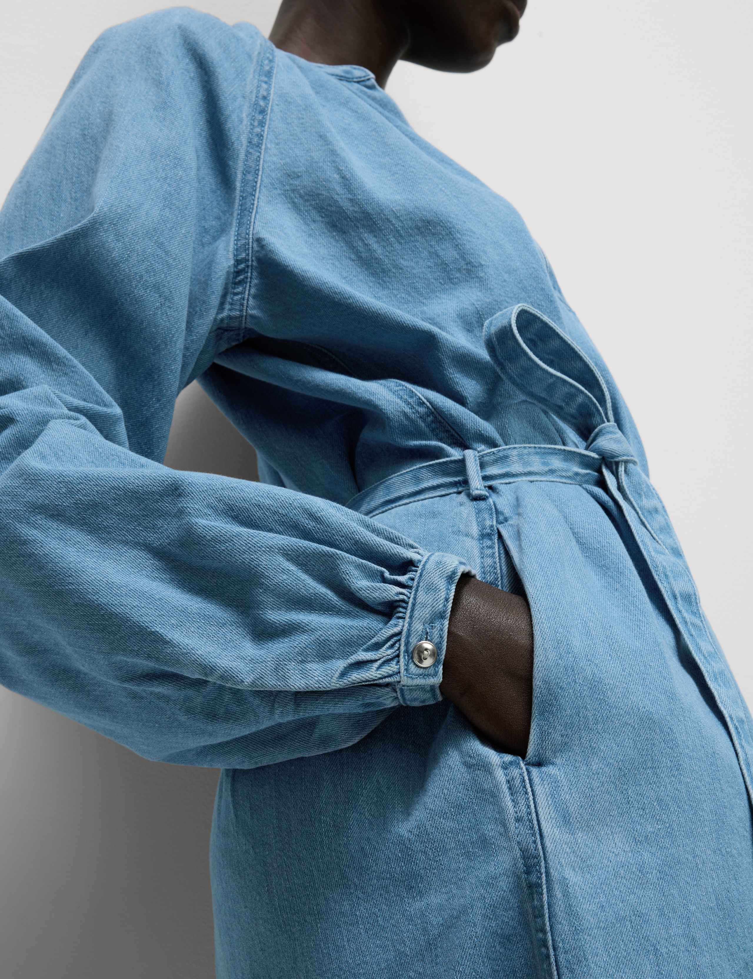 Pure Cotton Denim V-Neck Mini Waisted Dress